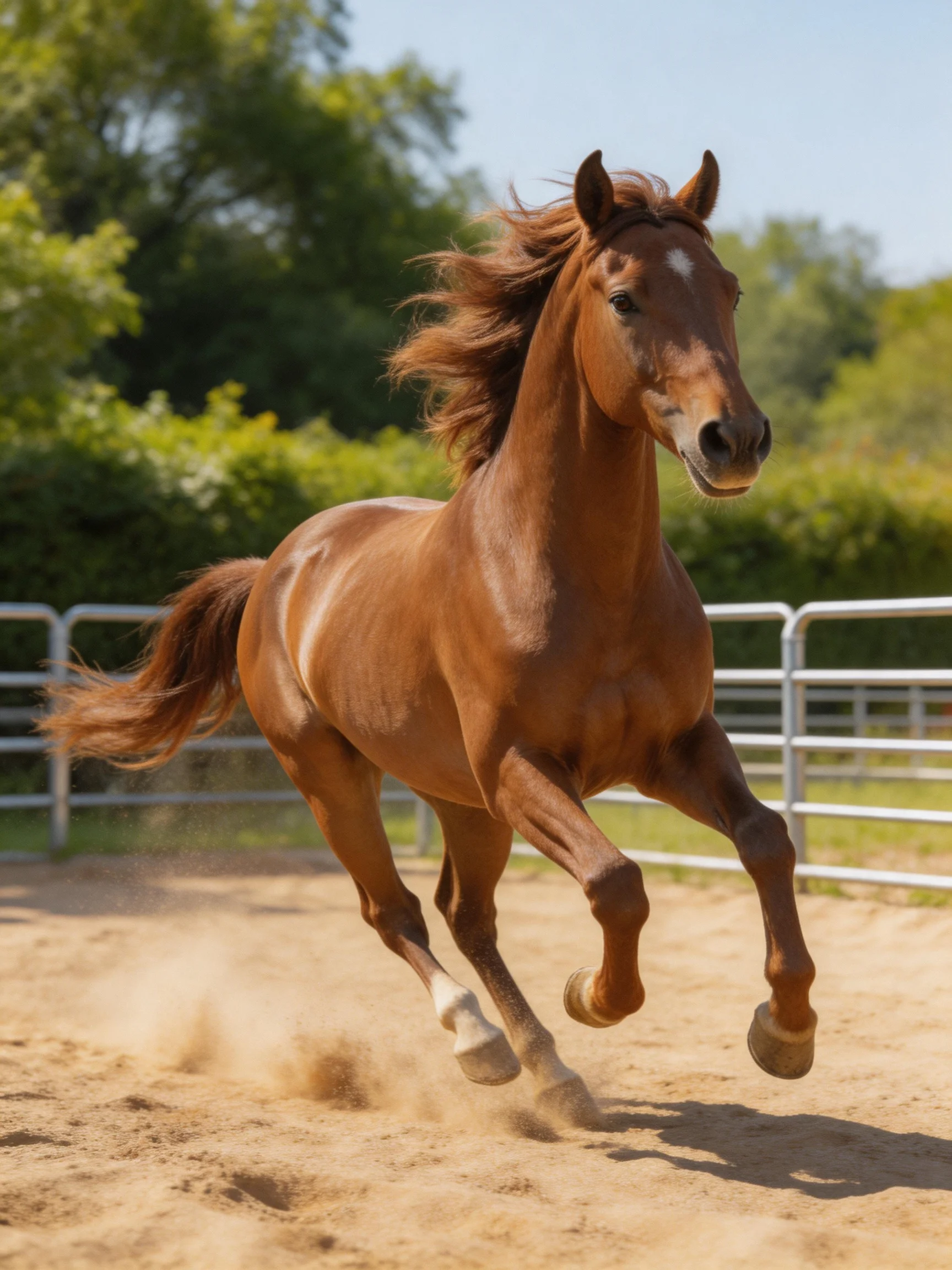 A chestnut horse galloping in a sunny outdoor arena