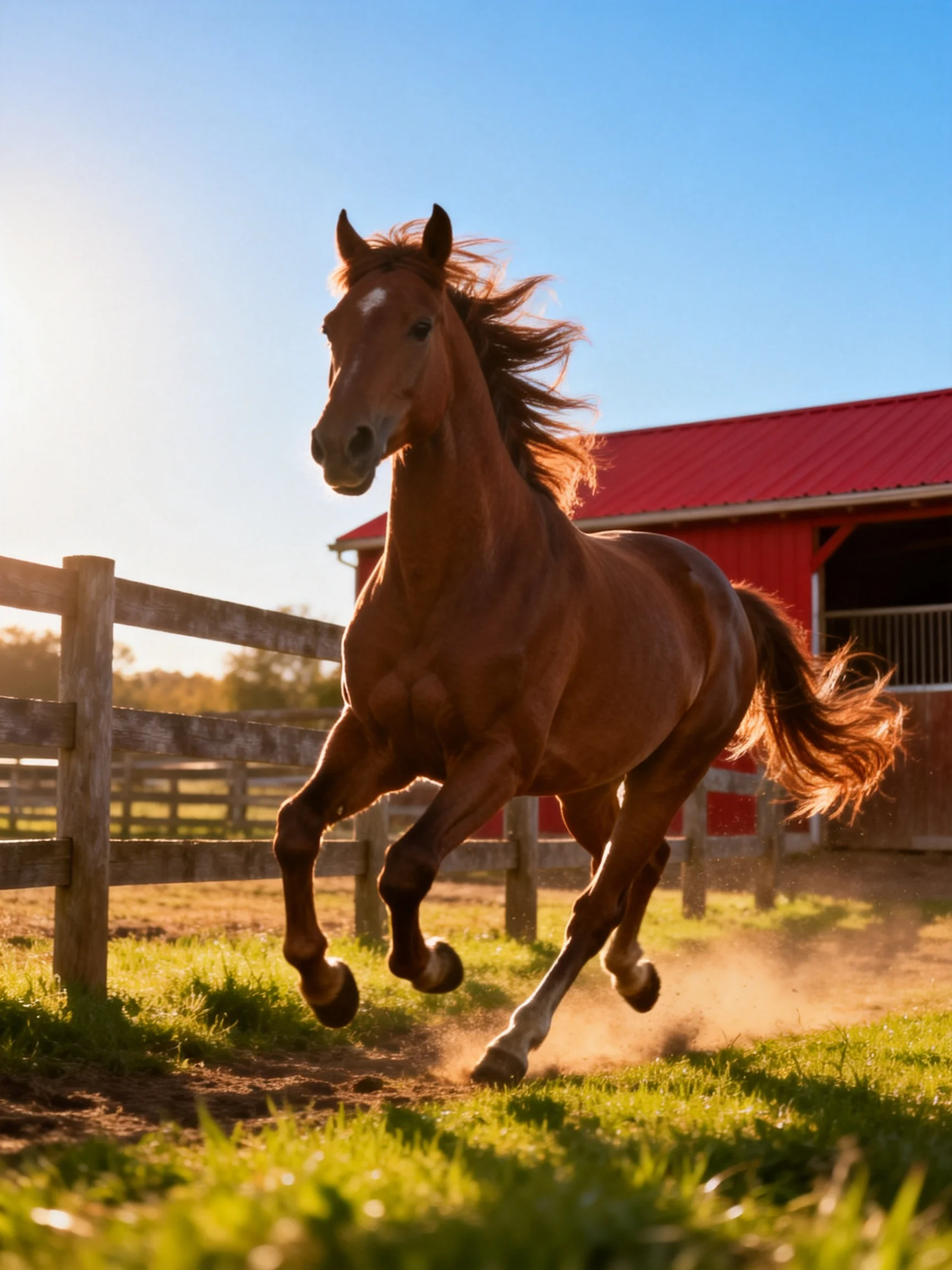 A chestnut horse galloping near a red barn with wooden fencing