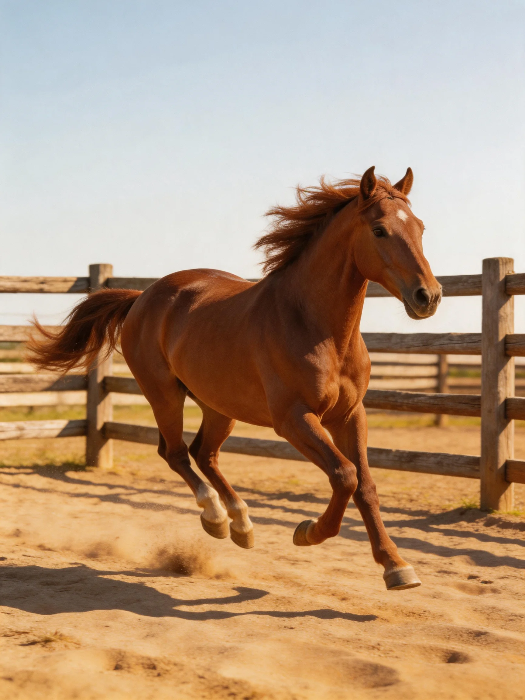 A chestnut horse galloping near a wooden fence on sandy ground