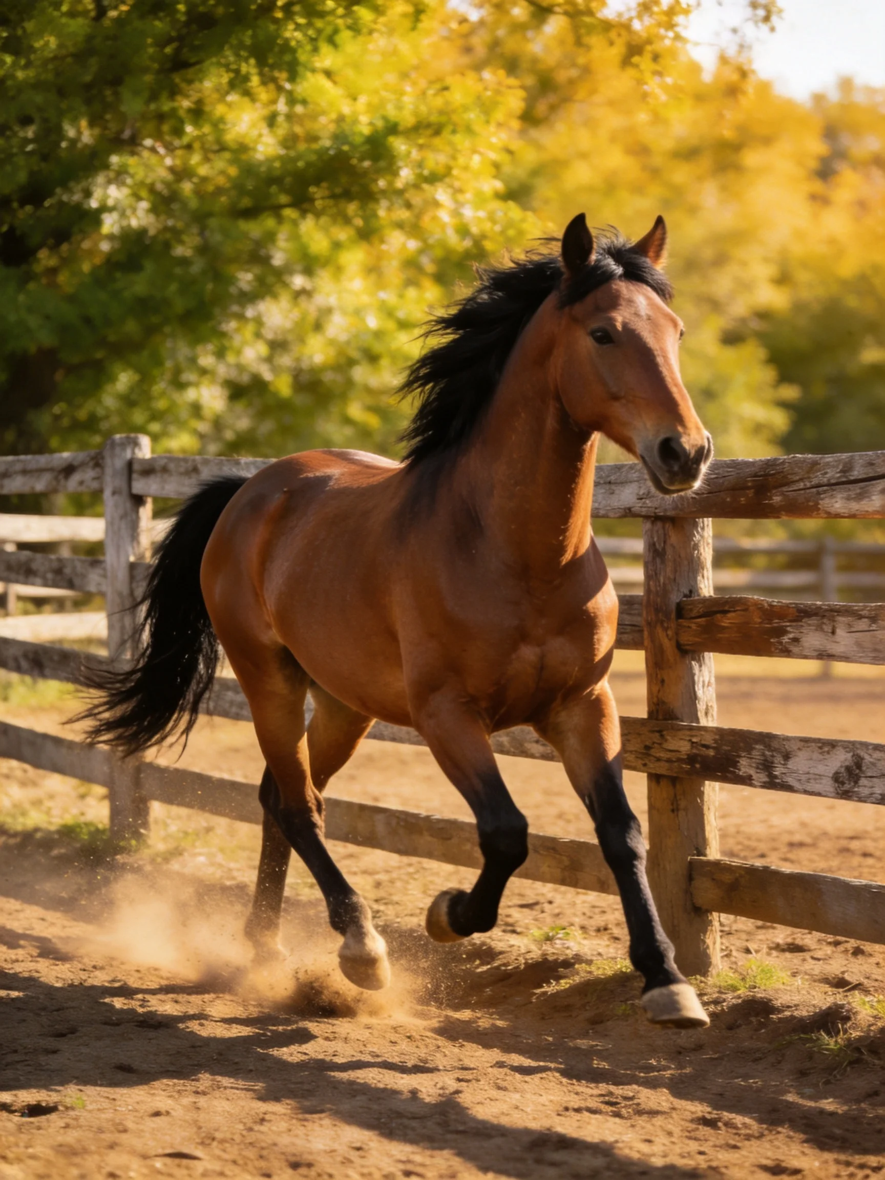 A chestnut horse galloping near an aged wooden fence by golden-hued trees