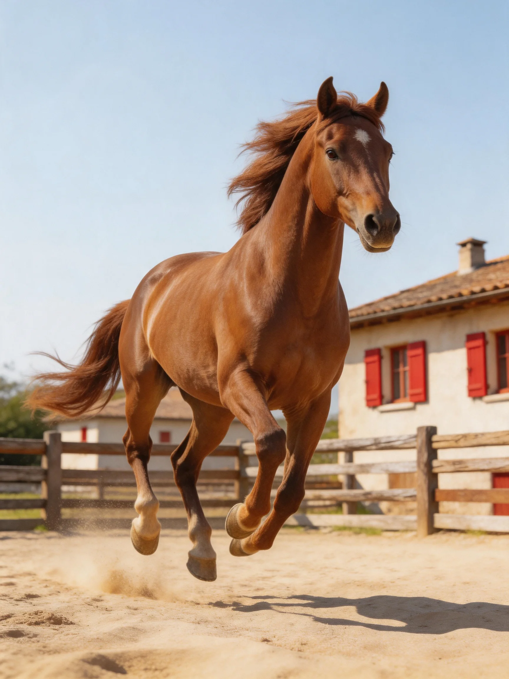 A chestnut horse gallops energetically near rustic farm structures.