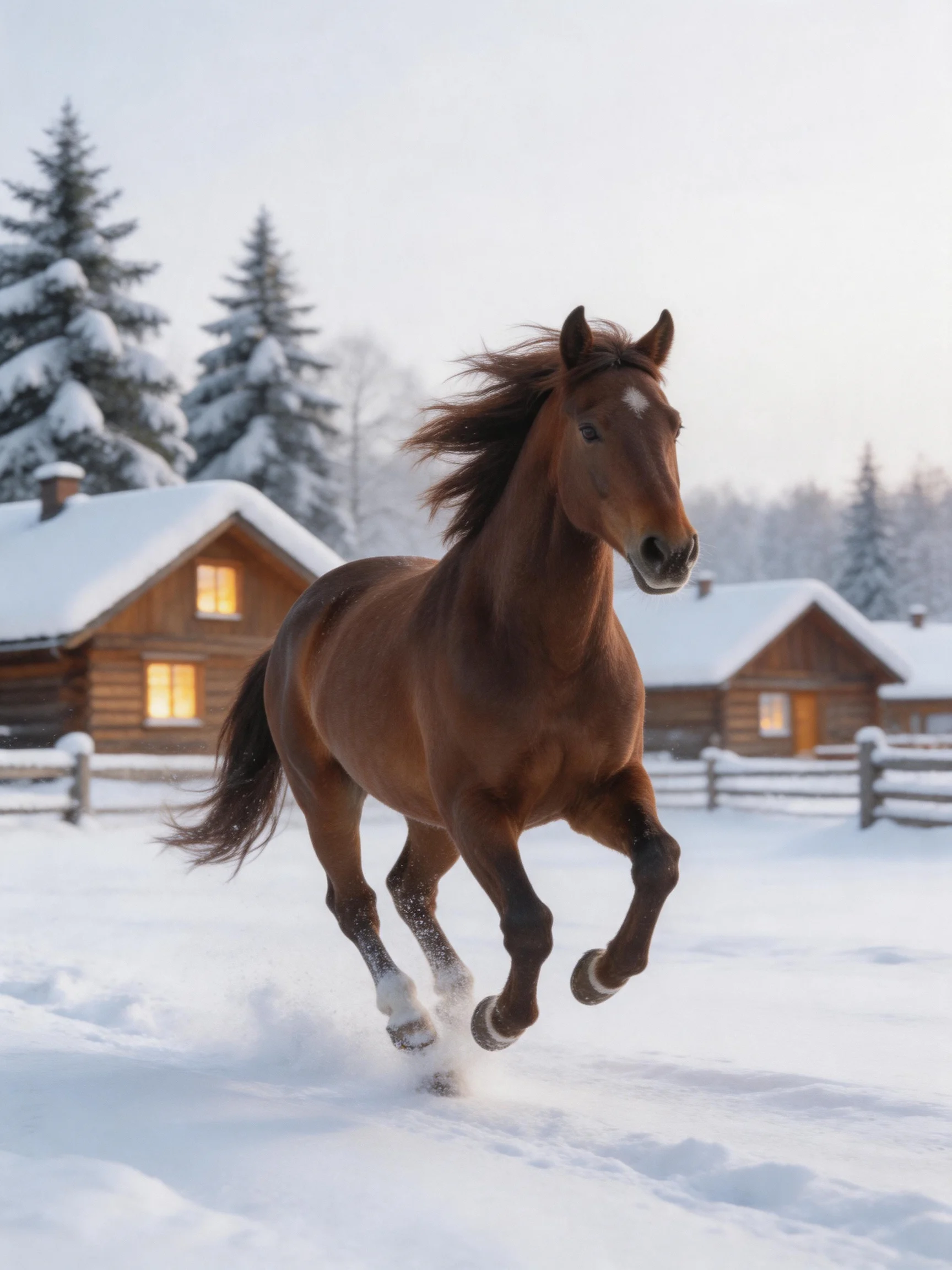A chestnut horse gallops through snow near cozy wooden cabins.