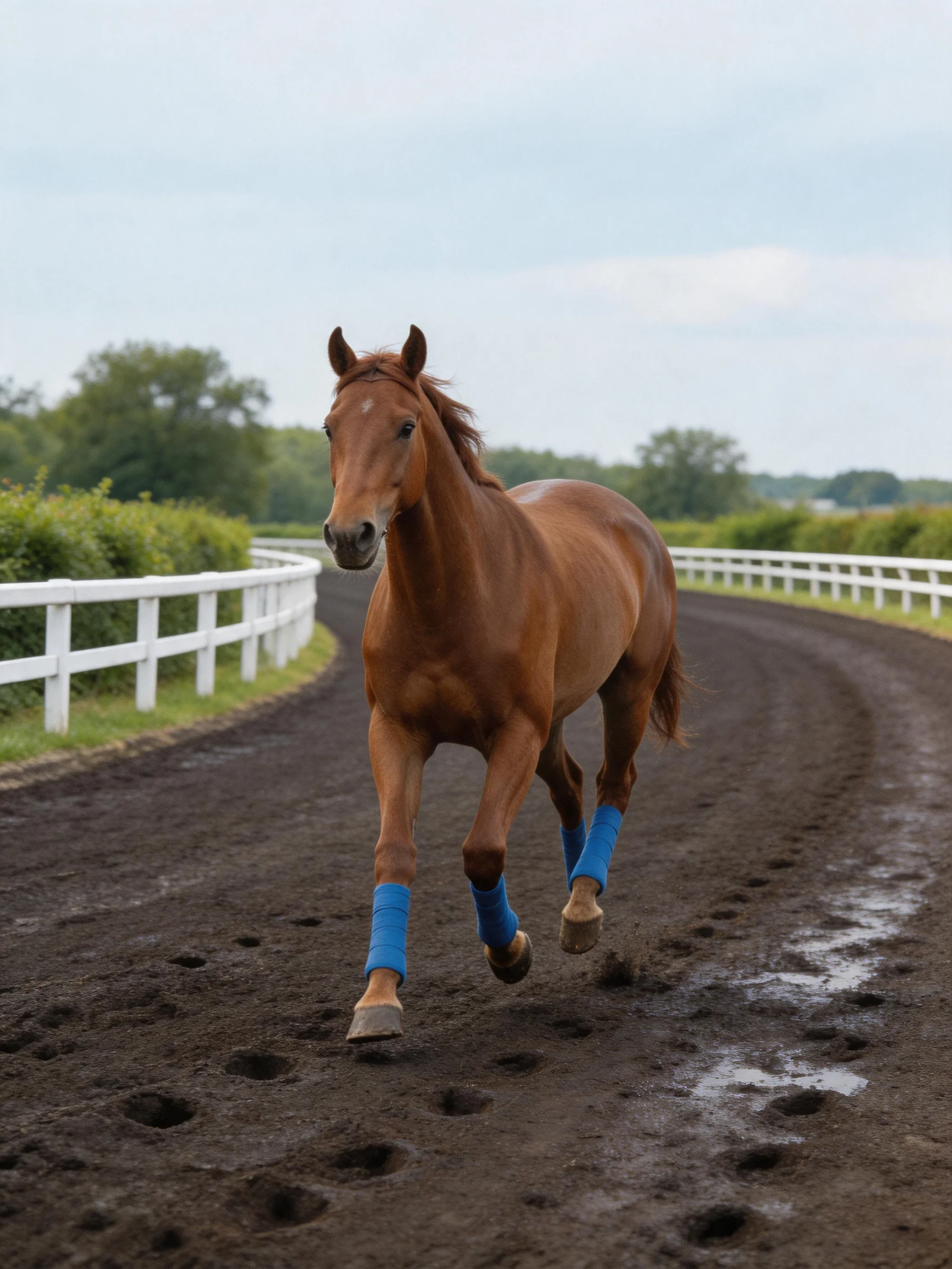 A chestnut horse galloping on a dirt track with blue leg wraps
