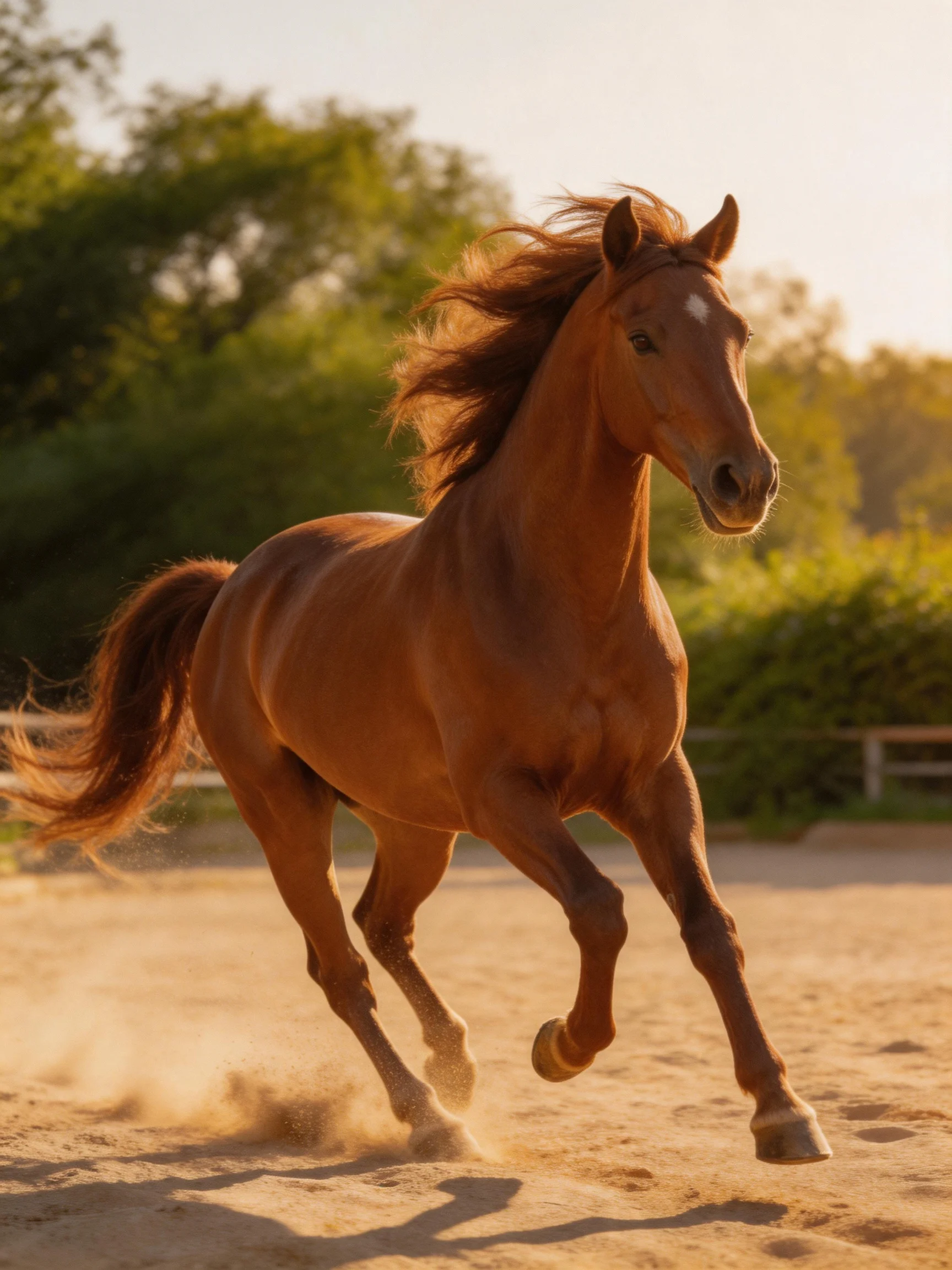 A chestnut horse galloping on a dusty arena with lush greenery