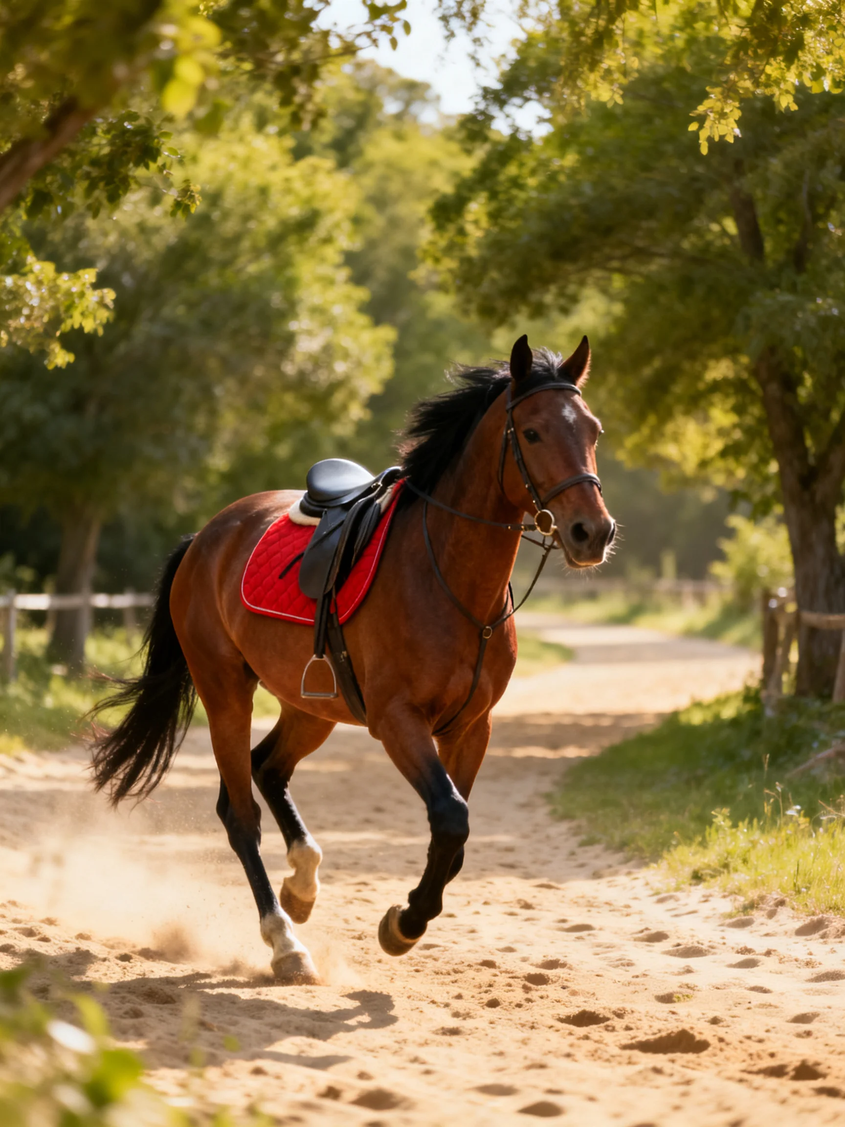A chestnut horse galloping on a dusty country path