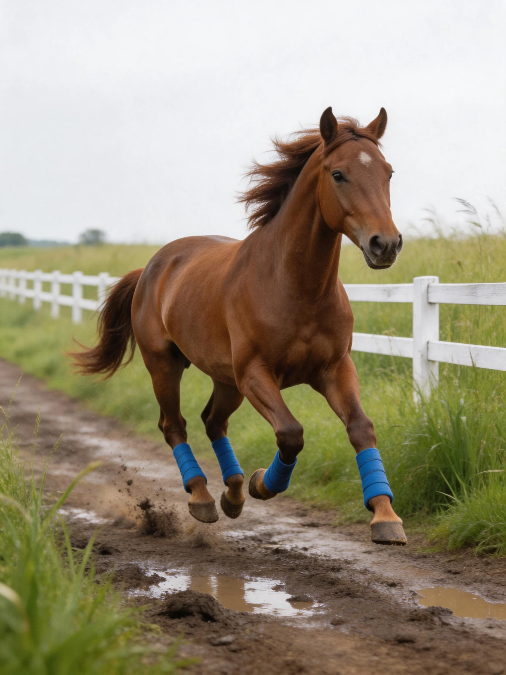 A chestnut horse galloping on a muddy path with blue leg wraps