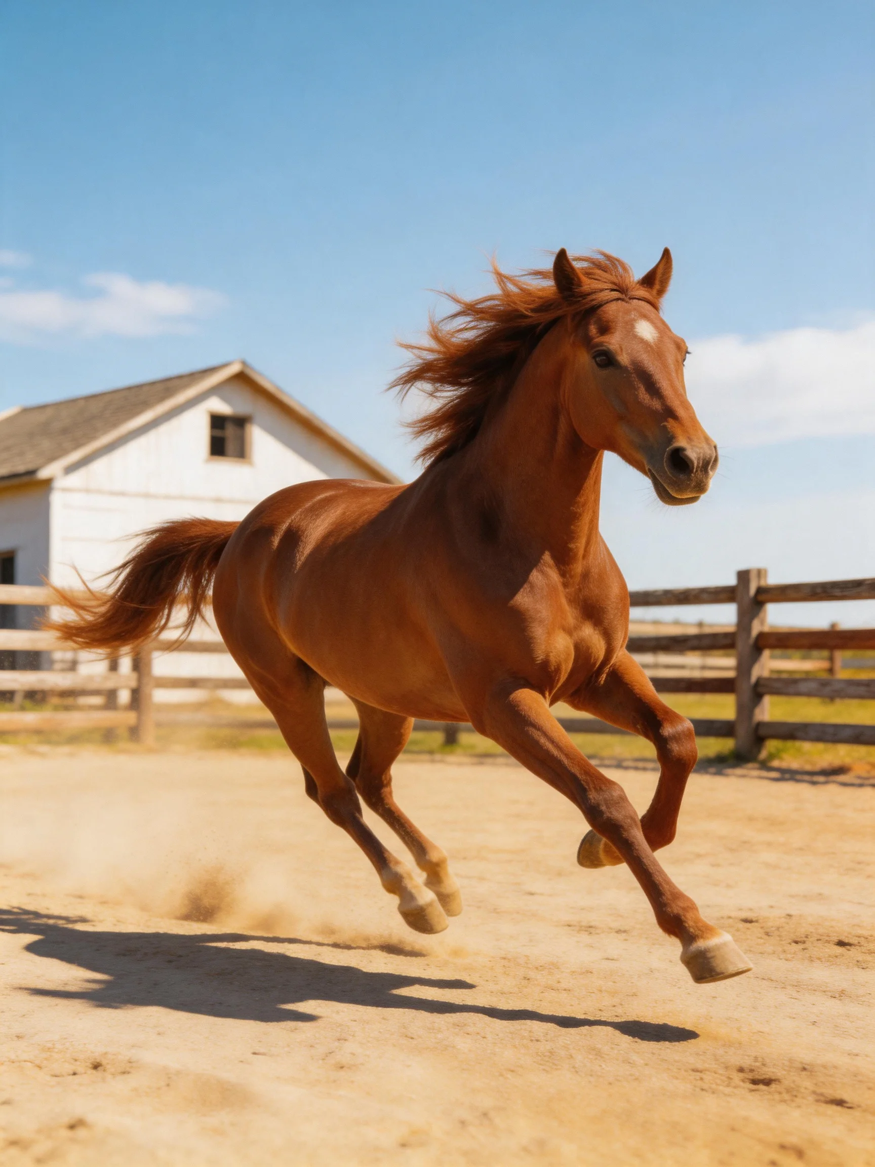A chestnut horse galloping on dusty farm ground near a white barn