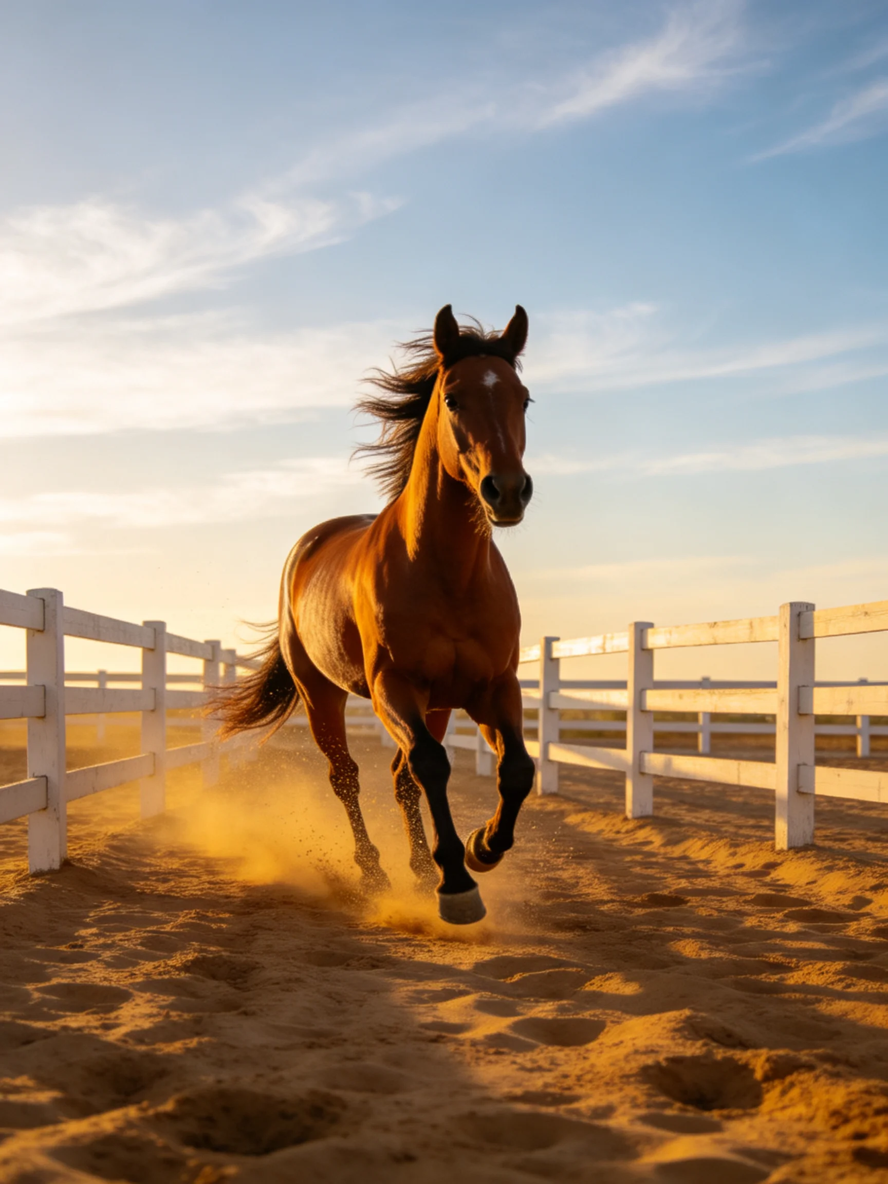 A chestnut horse galloping on golden sand near white fences