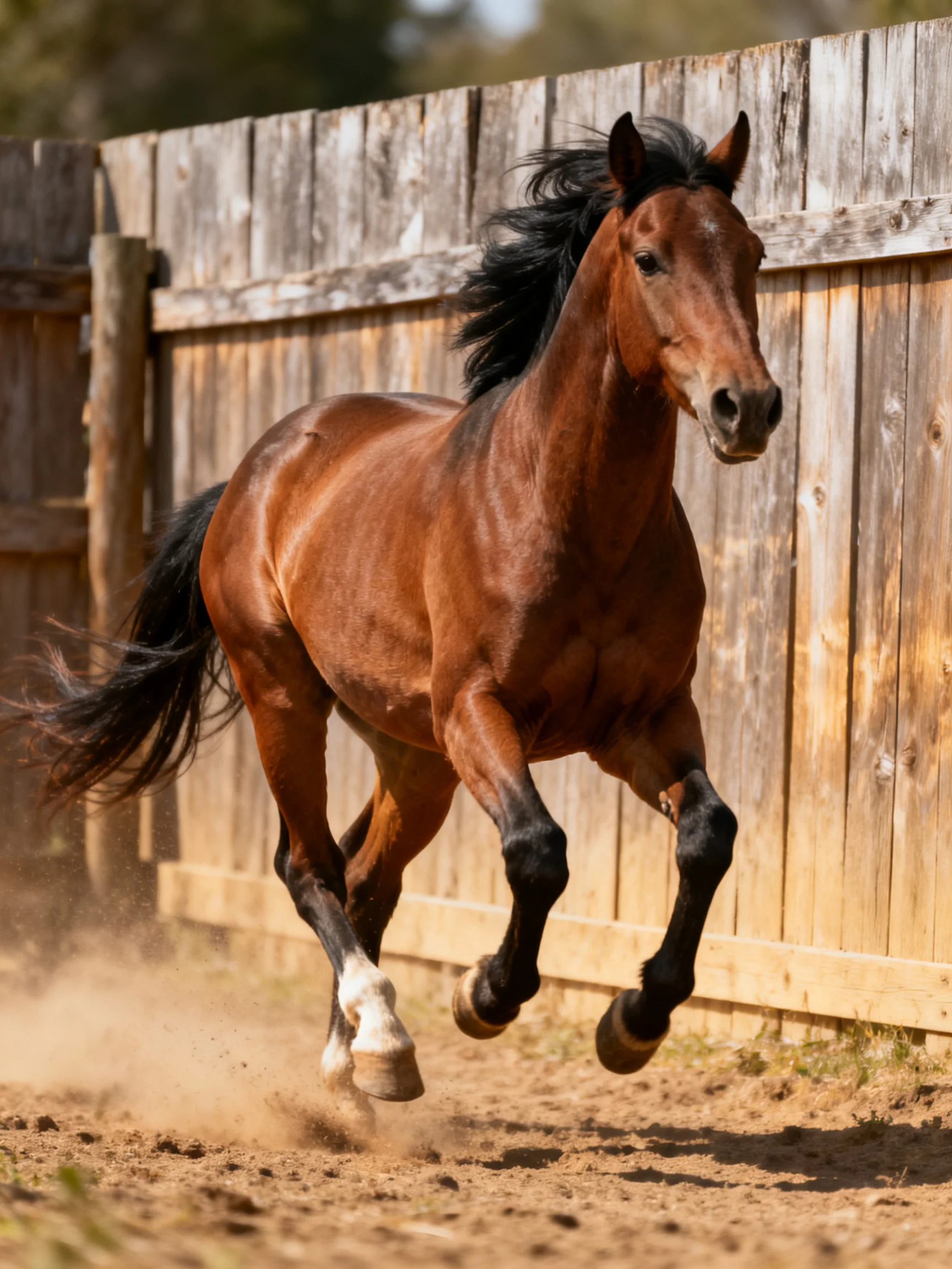 A chestnut horse galloping past a weathered wooden fence