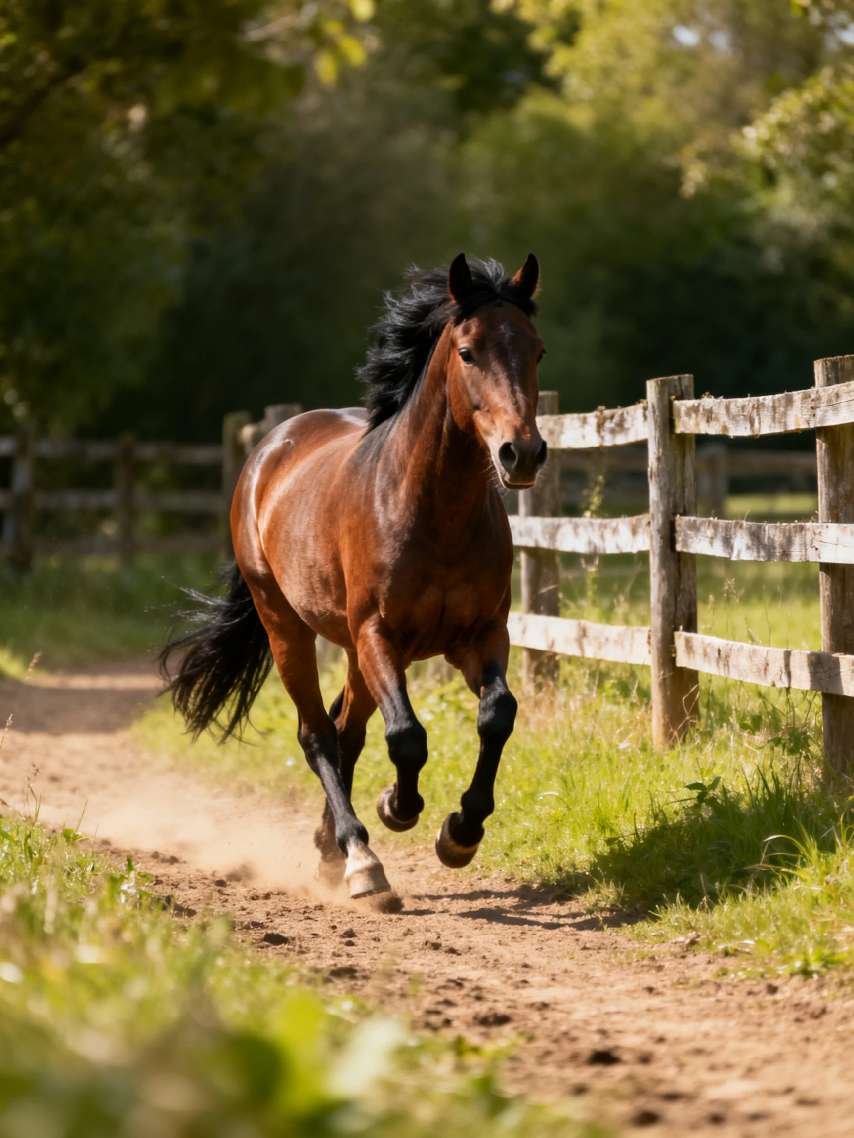 A chestnut horse galloping past a weathered wooden fence on a dusty path
