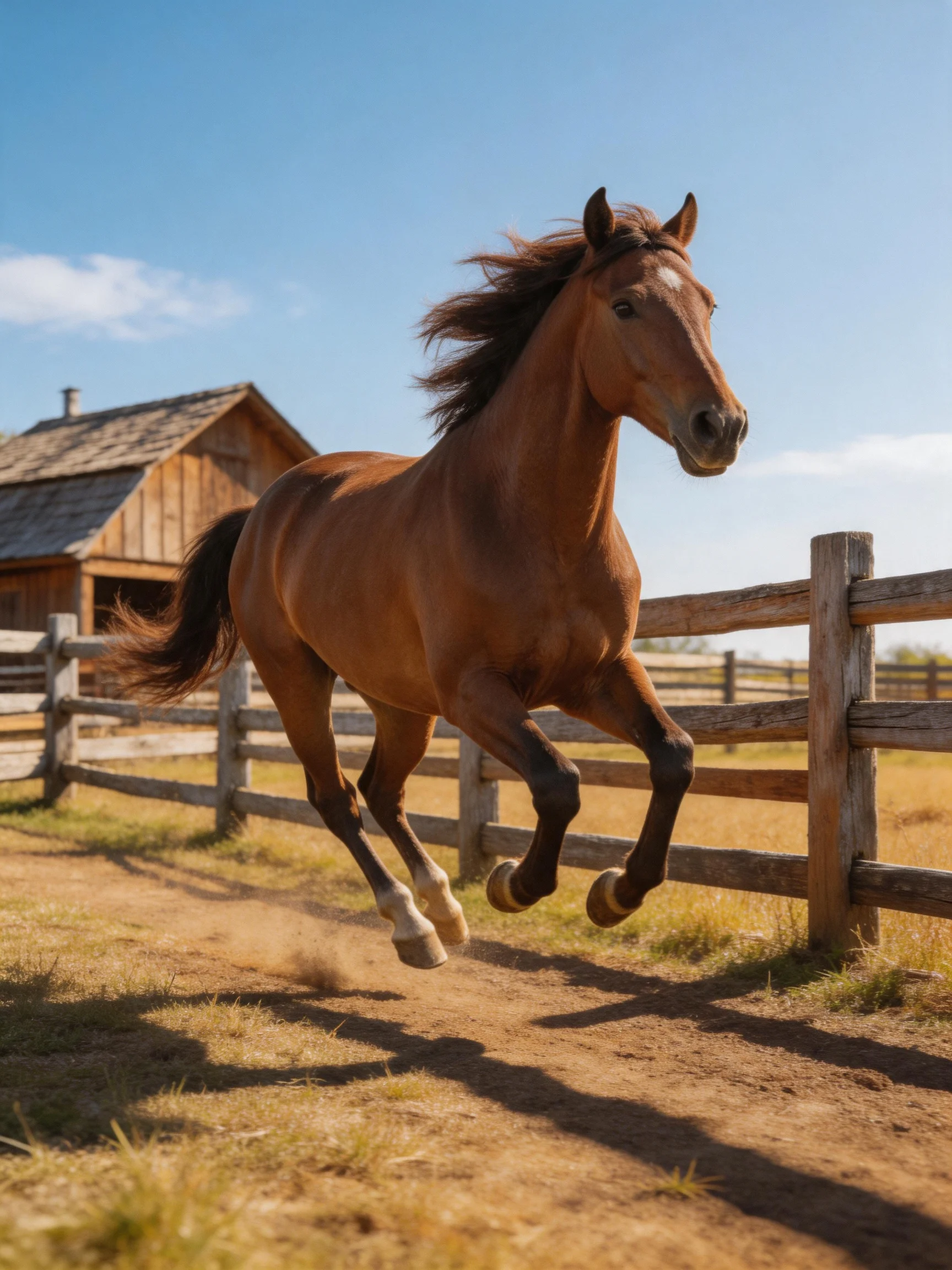 A chestnut horse galloping past a wooden farm fence under clear blue sky