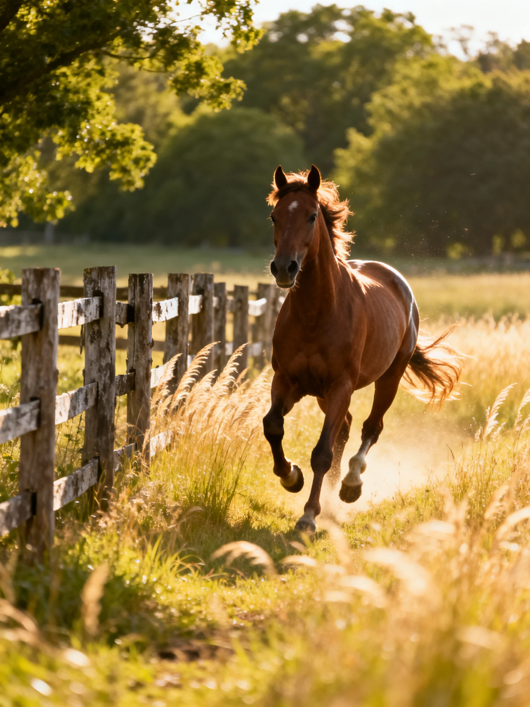A chestnut horse galloping past an aged wooden fence in golden fields