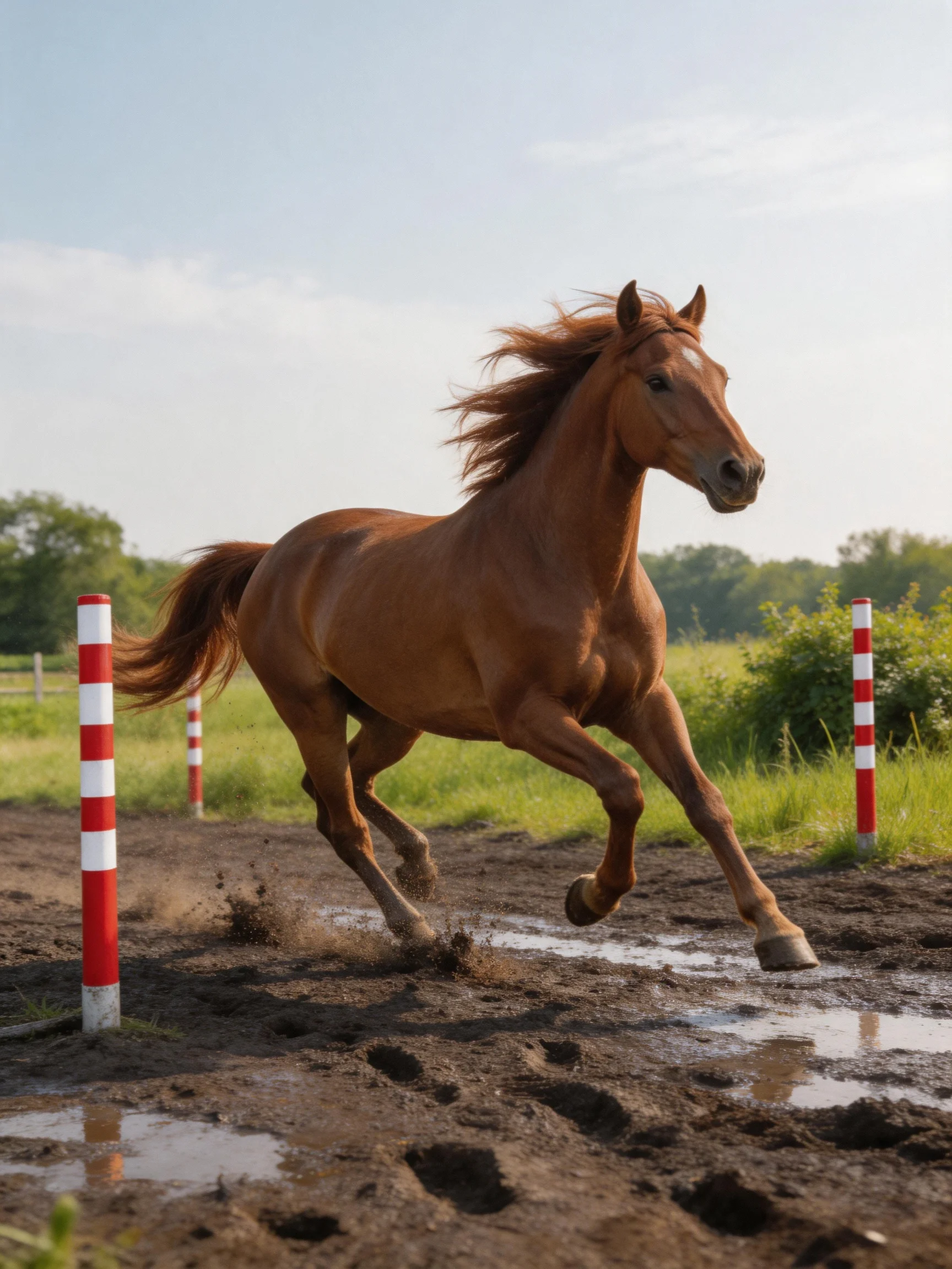 A chestnut horse galloping past red-and-white poles on muddy terrain