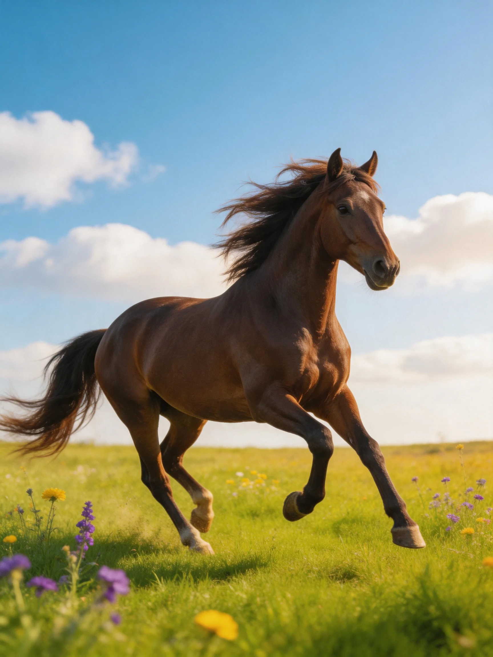 A chestnut horse galloping through a flowered meadow under bright blue skies