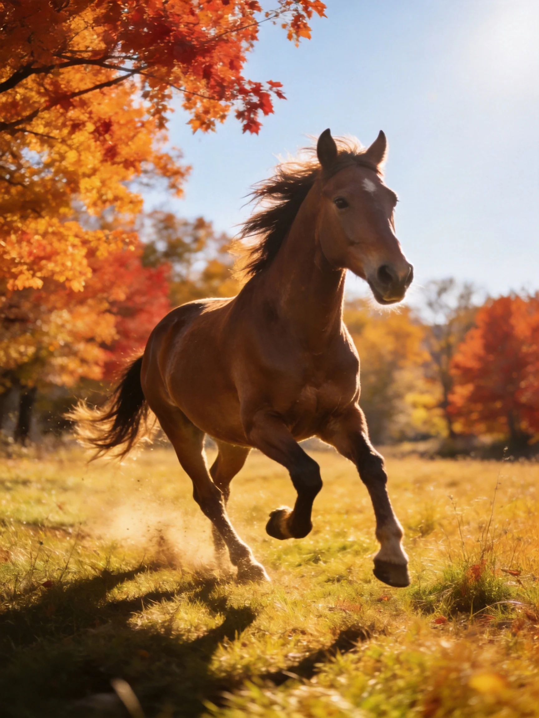 A chestnut horse galloping through a golden autumn meadow