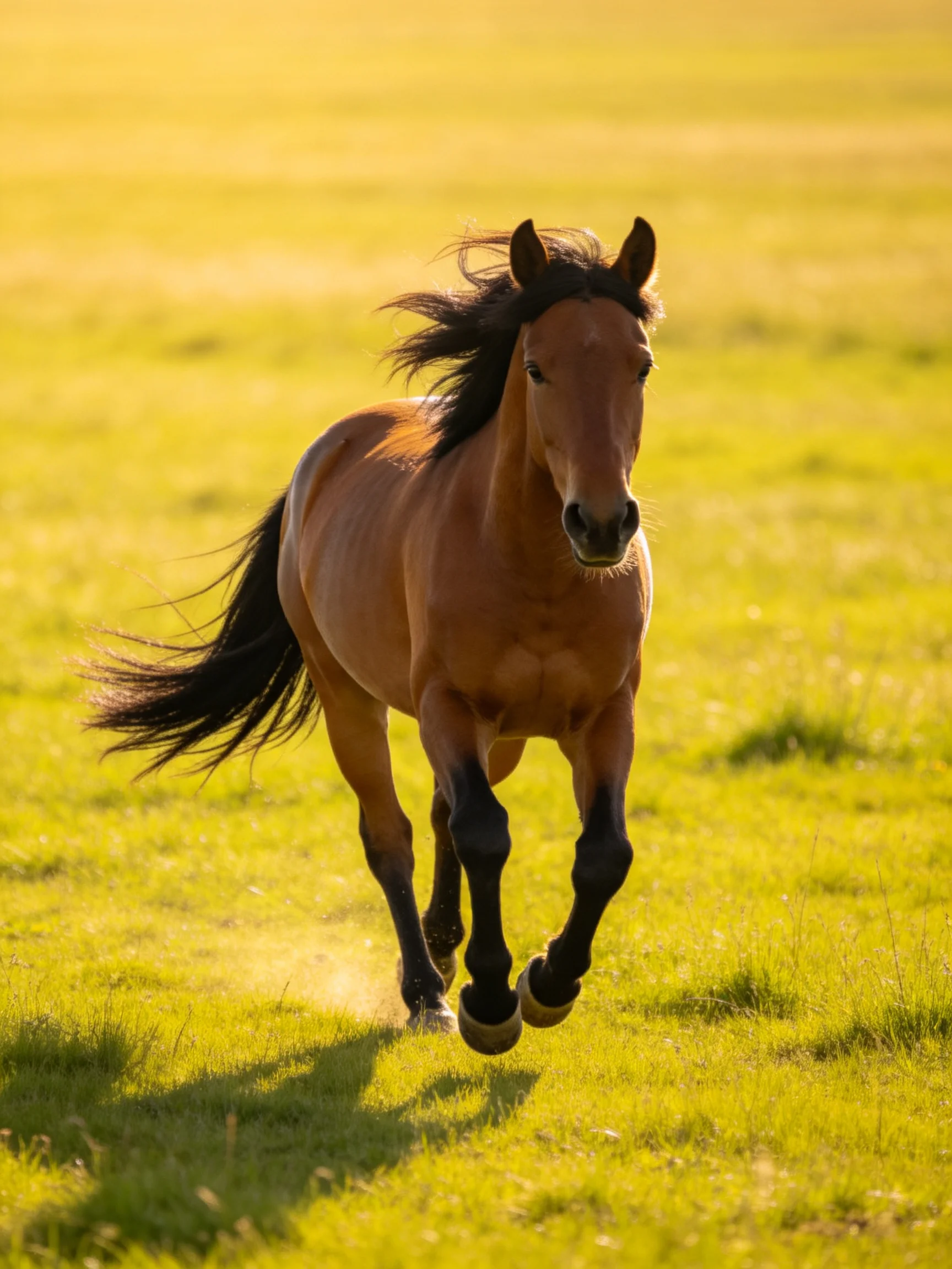 A chestnut horse galloping through a golden meadow