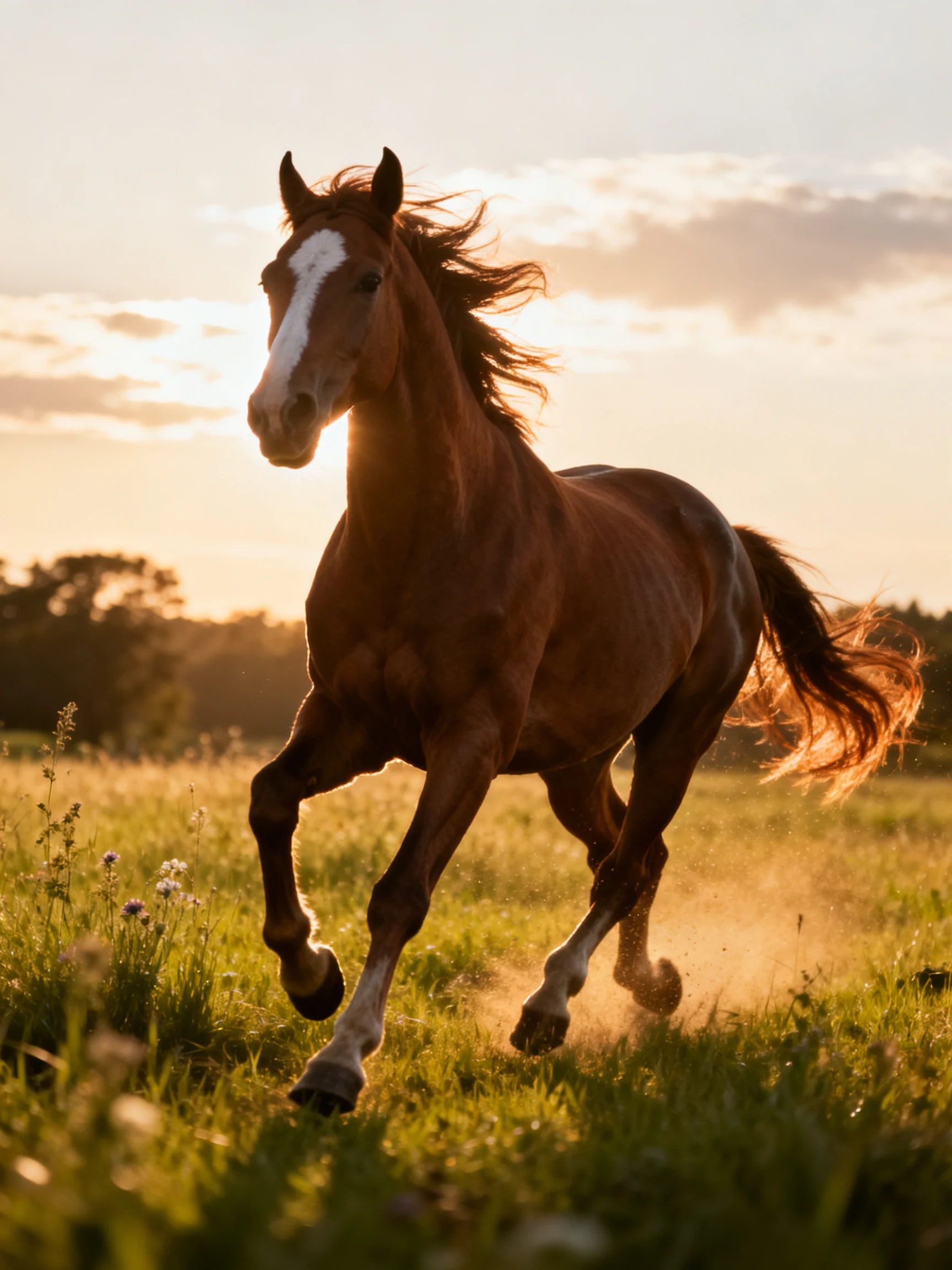 A chestnut horse galloping through a golden meadow at sunset
