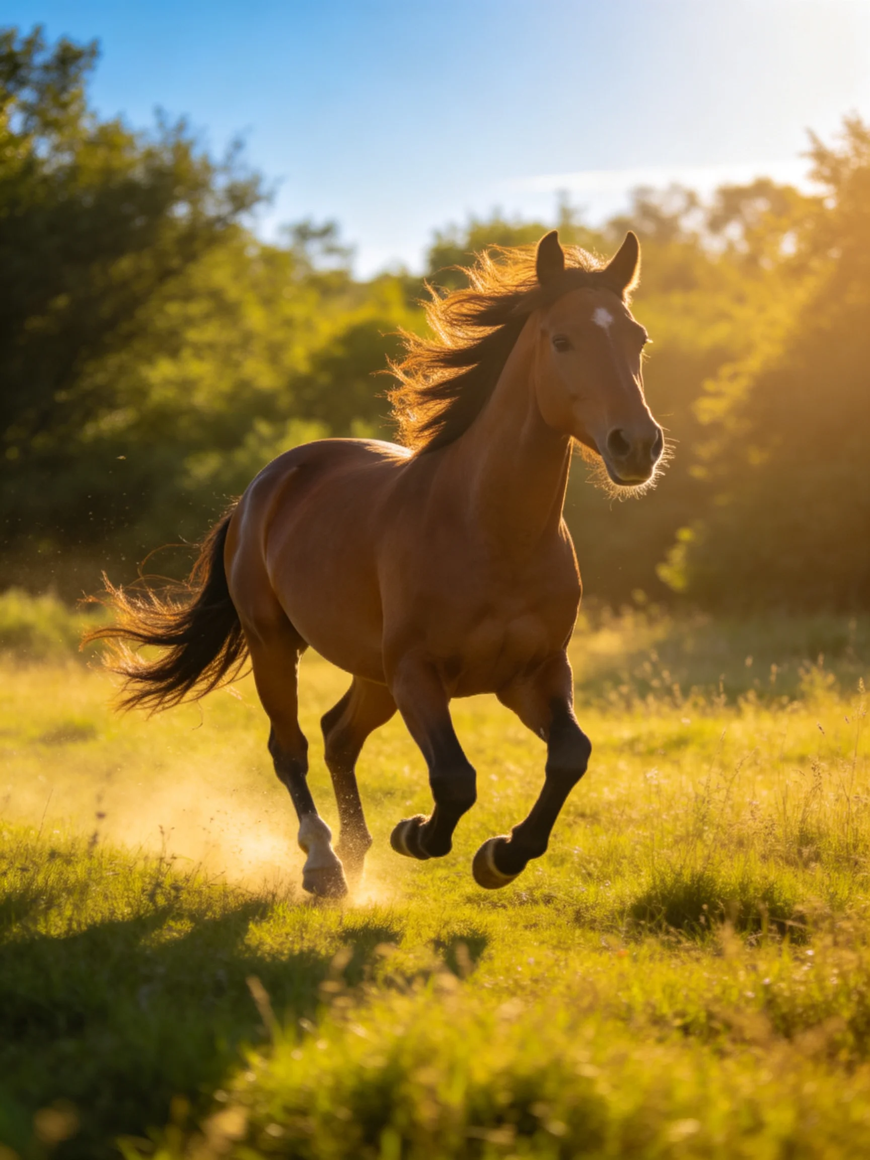 A chestnut horse galloping through a golden meadow