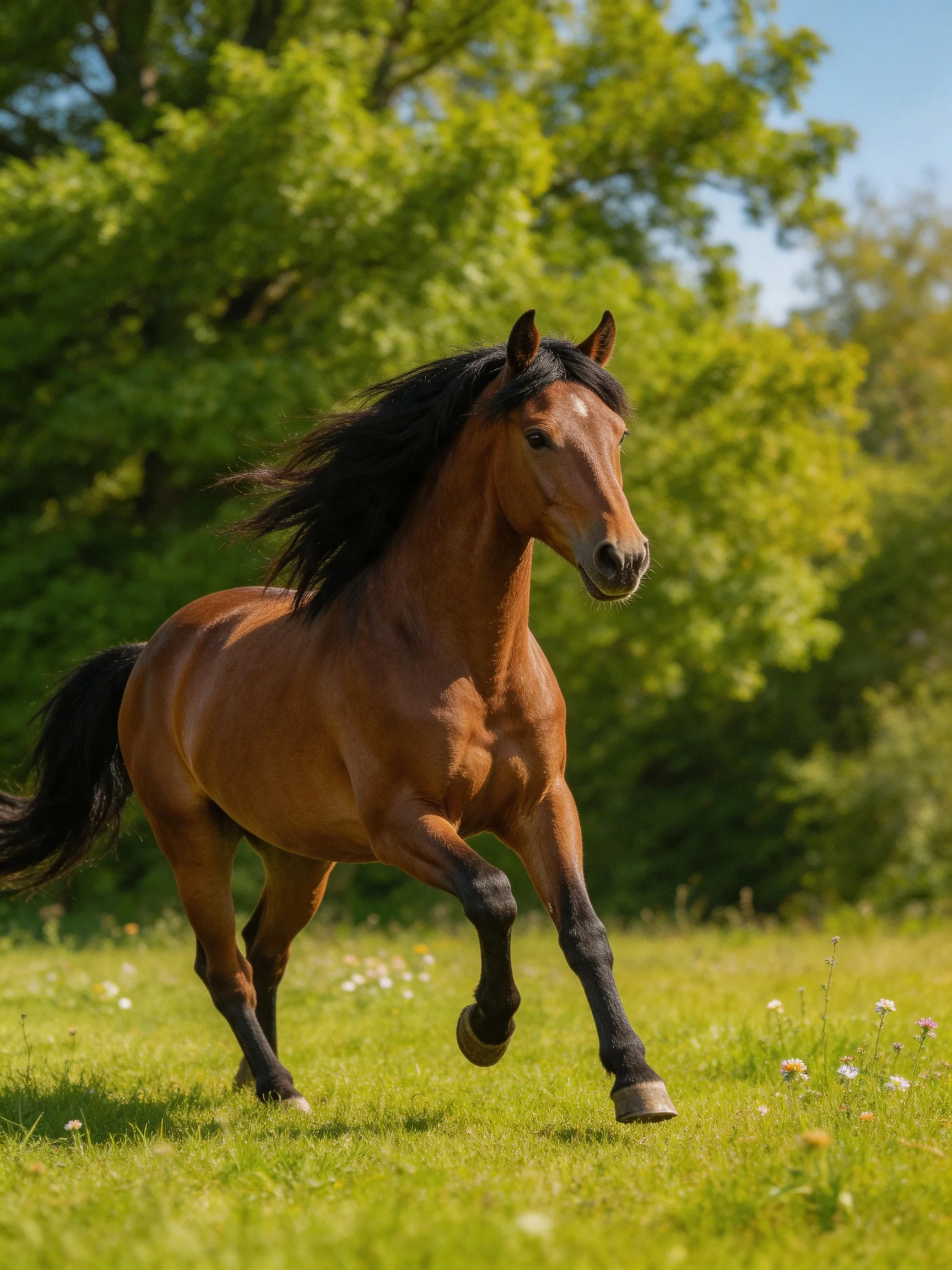 A chestnut horse galloping through a lush green meadow