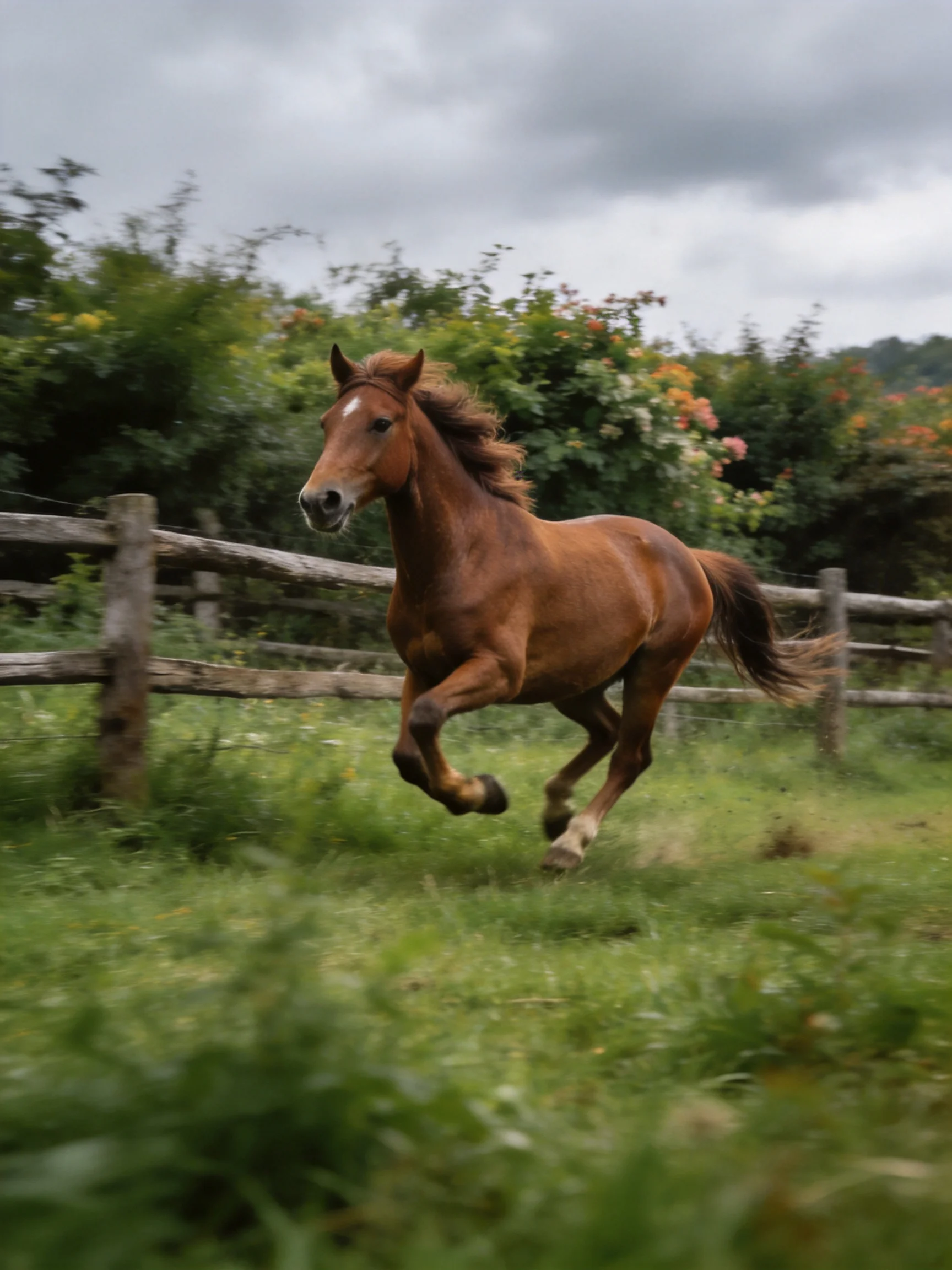 A chestnut horse galloping through a lush green pasture beside a wooden fence