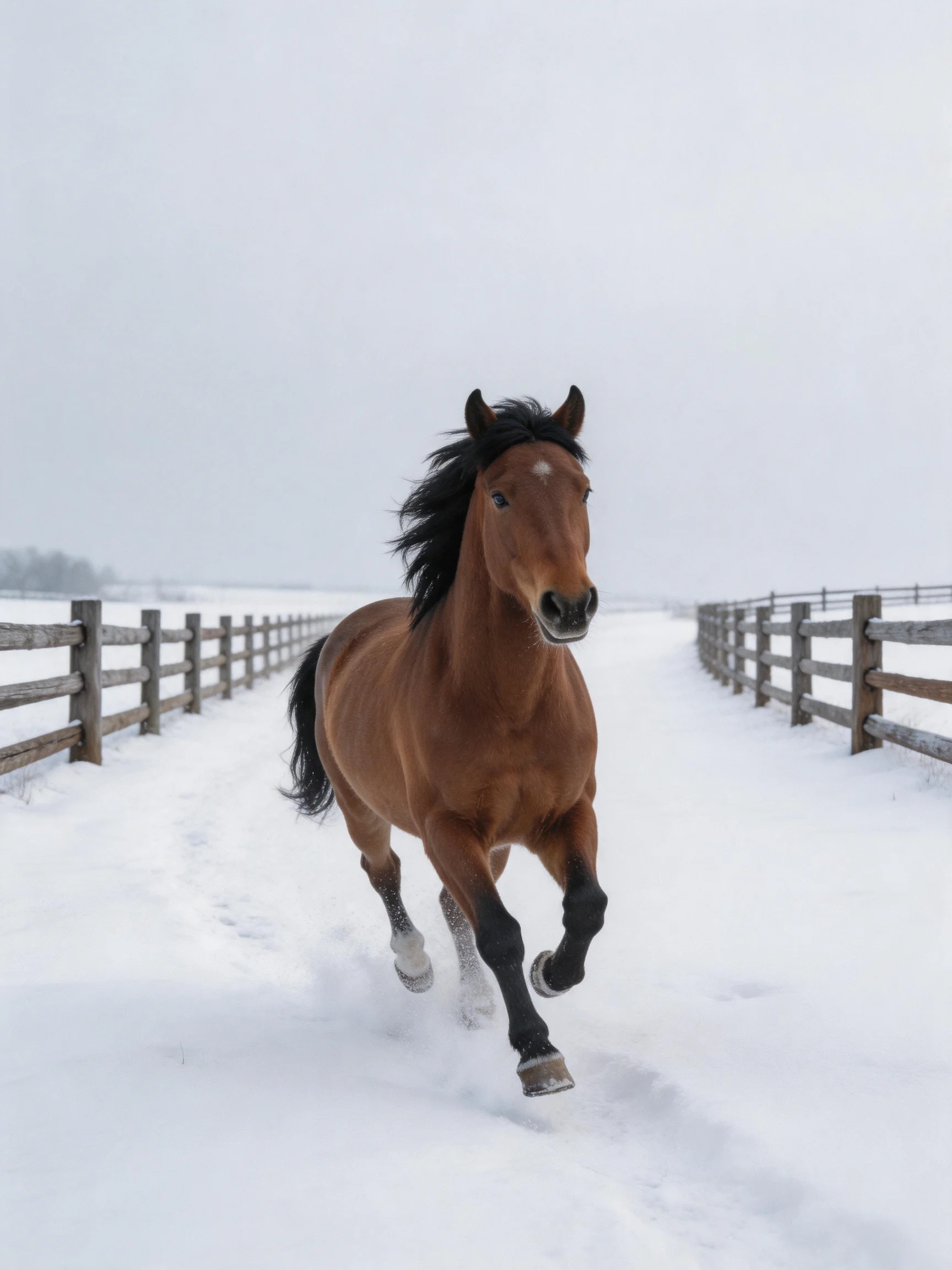 A chestnut horse galloping through a snow-covered fenced path