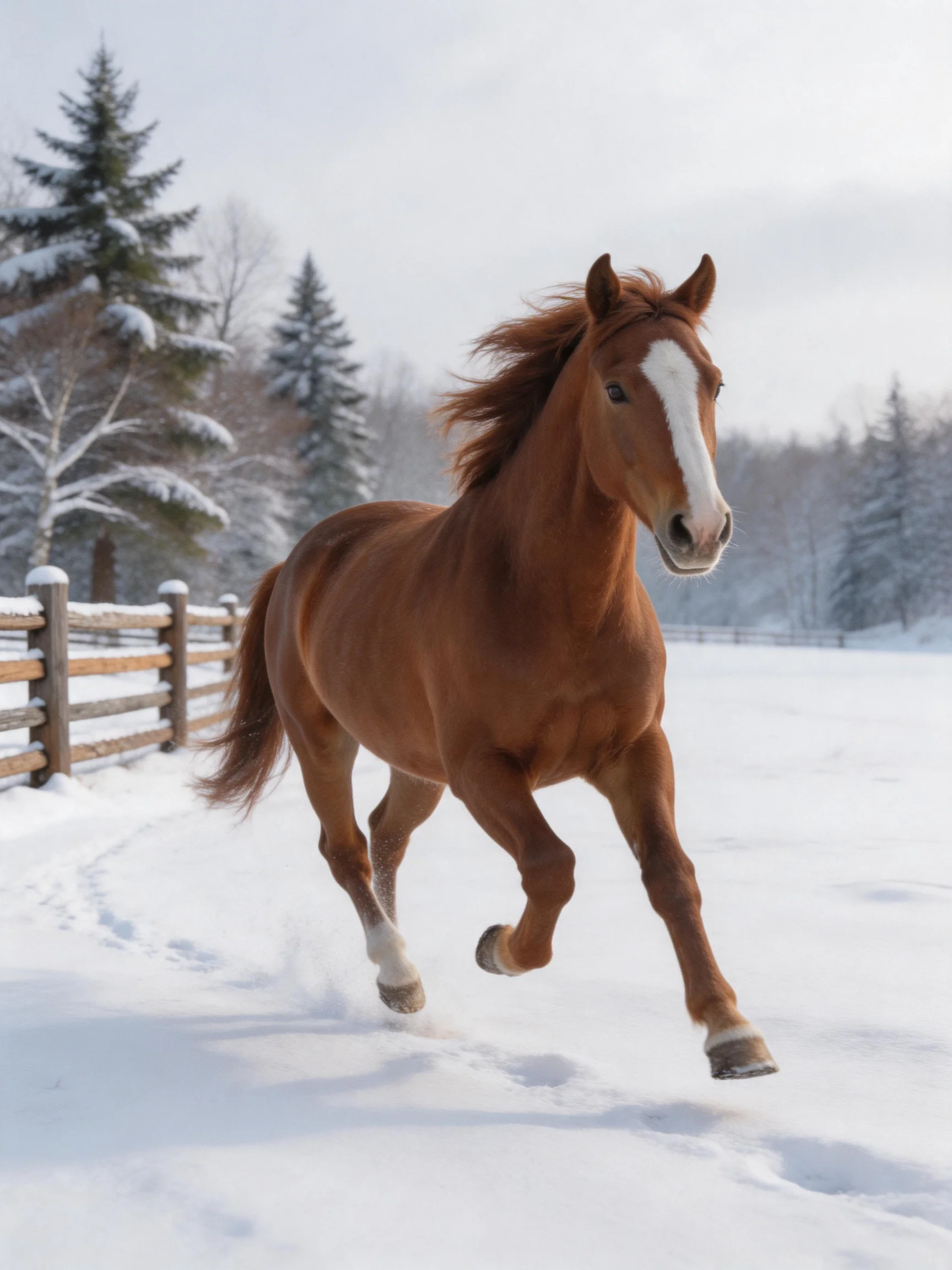 A chestnut horse galloping through a snowy landscape
