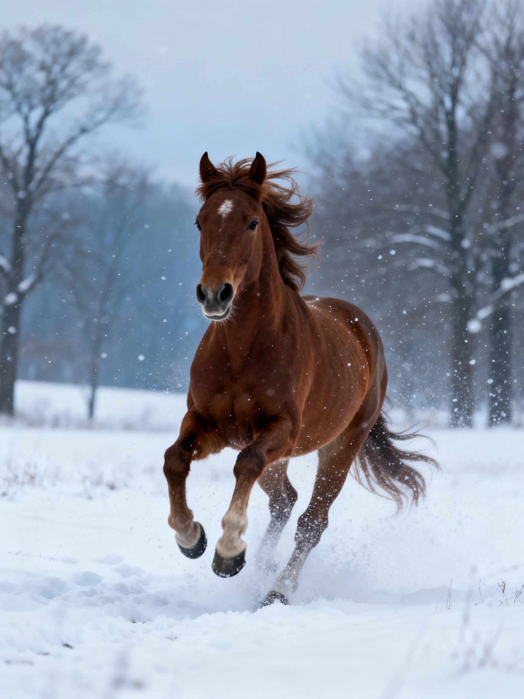 A chestnut horse galloping through a snowy winter field