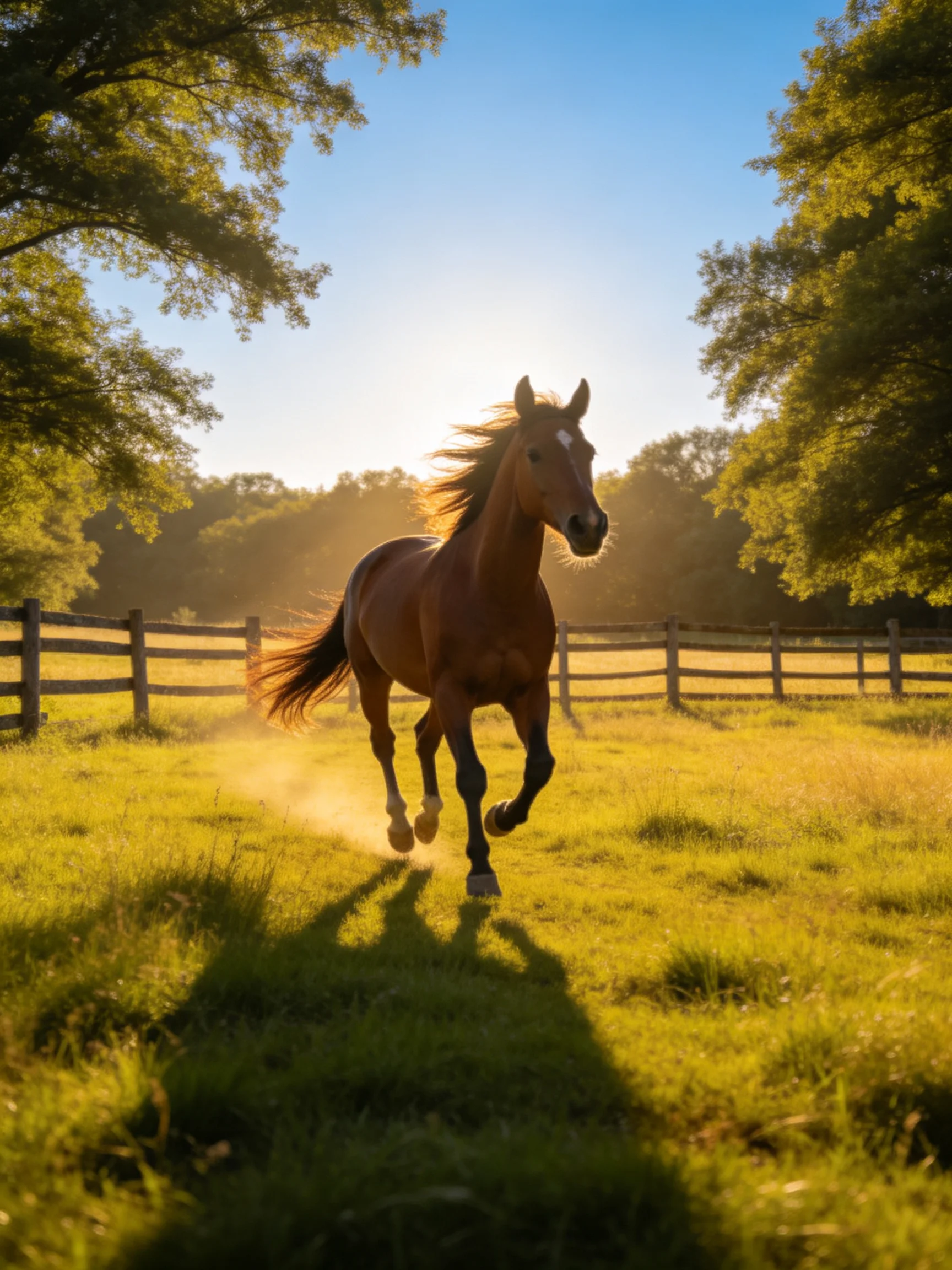 A chestnut horse galloping through a sunlit fenced pasture