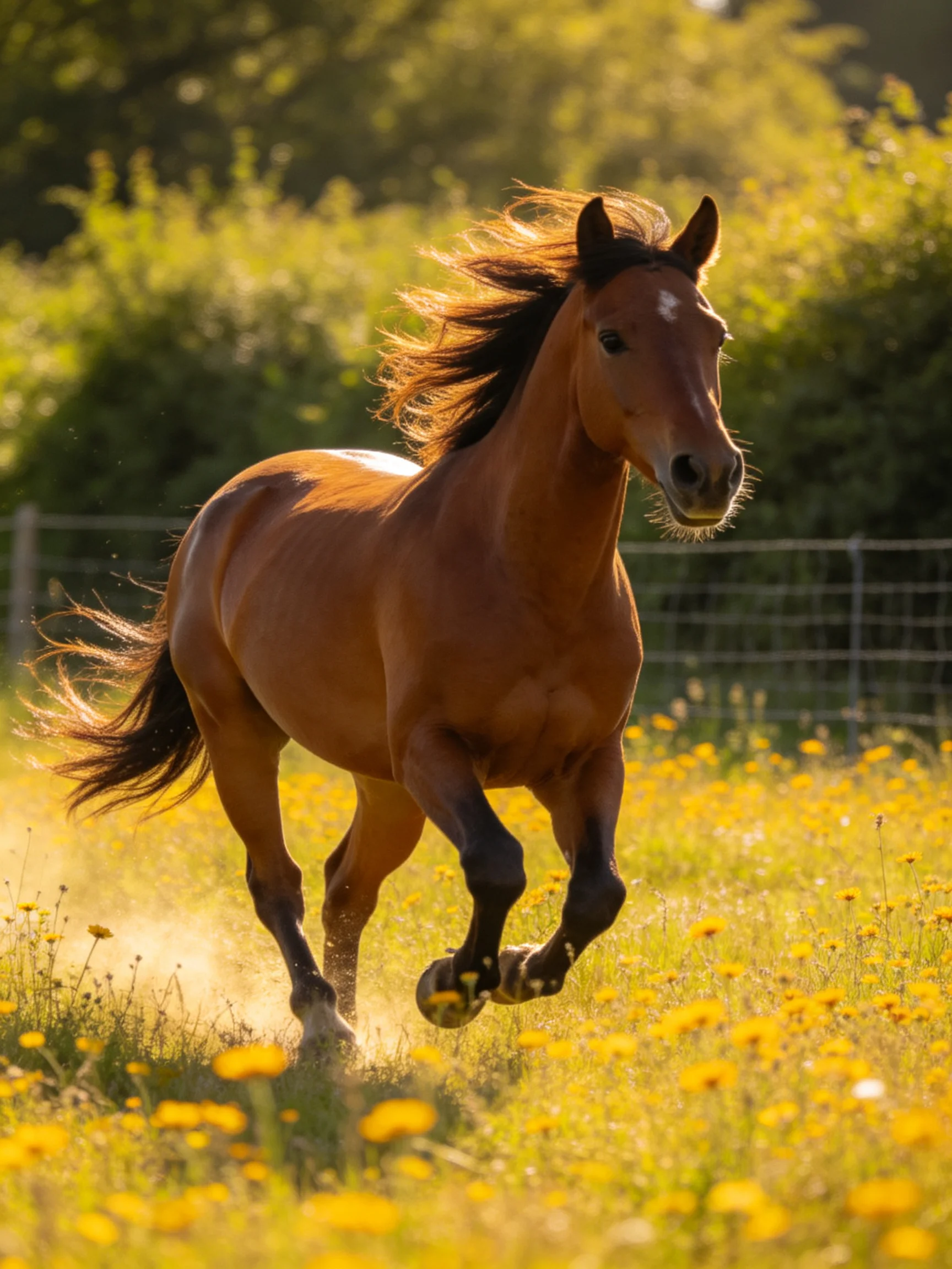 A chestnut horse galloping through a sunlit flower meadow