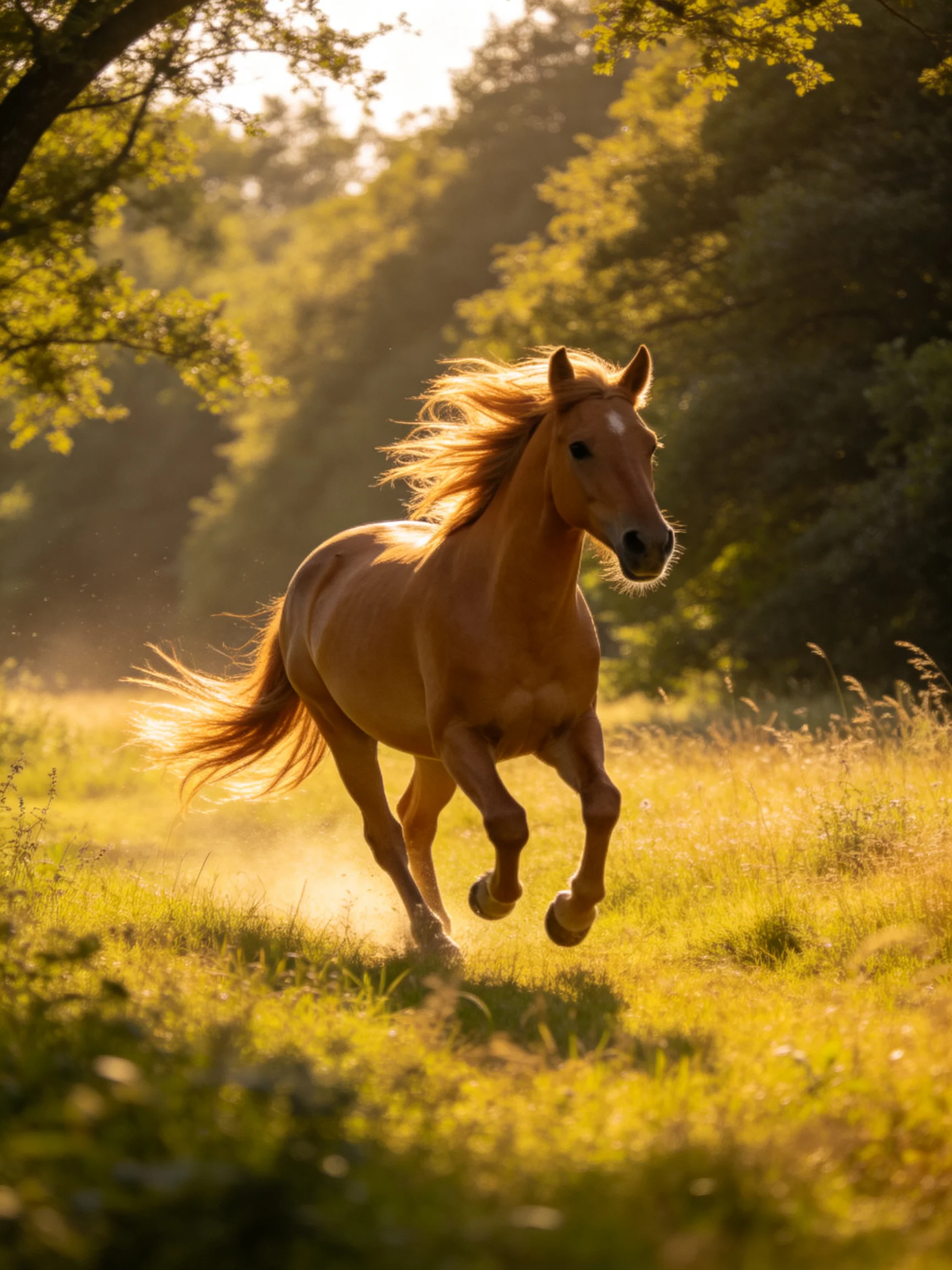 A chestnut horse galloping through a sunlit forest clearing