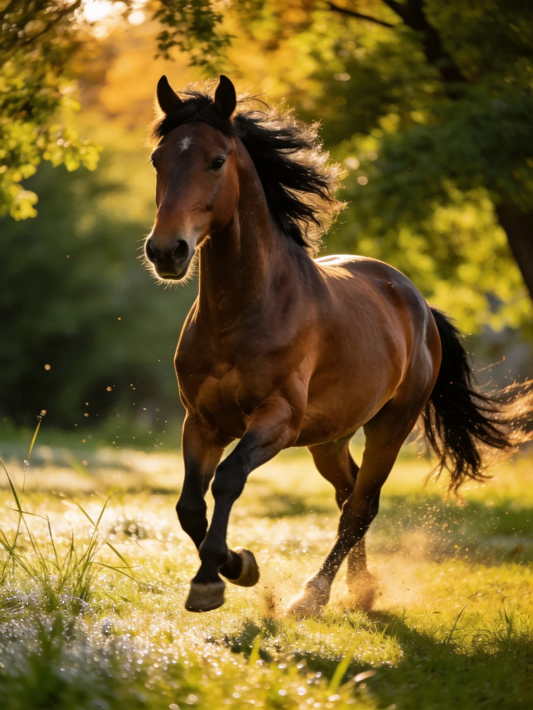 A chestnut horse galloping through a sunlit forest edge