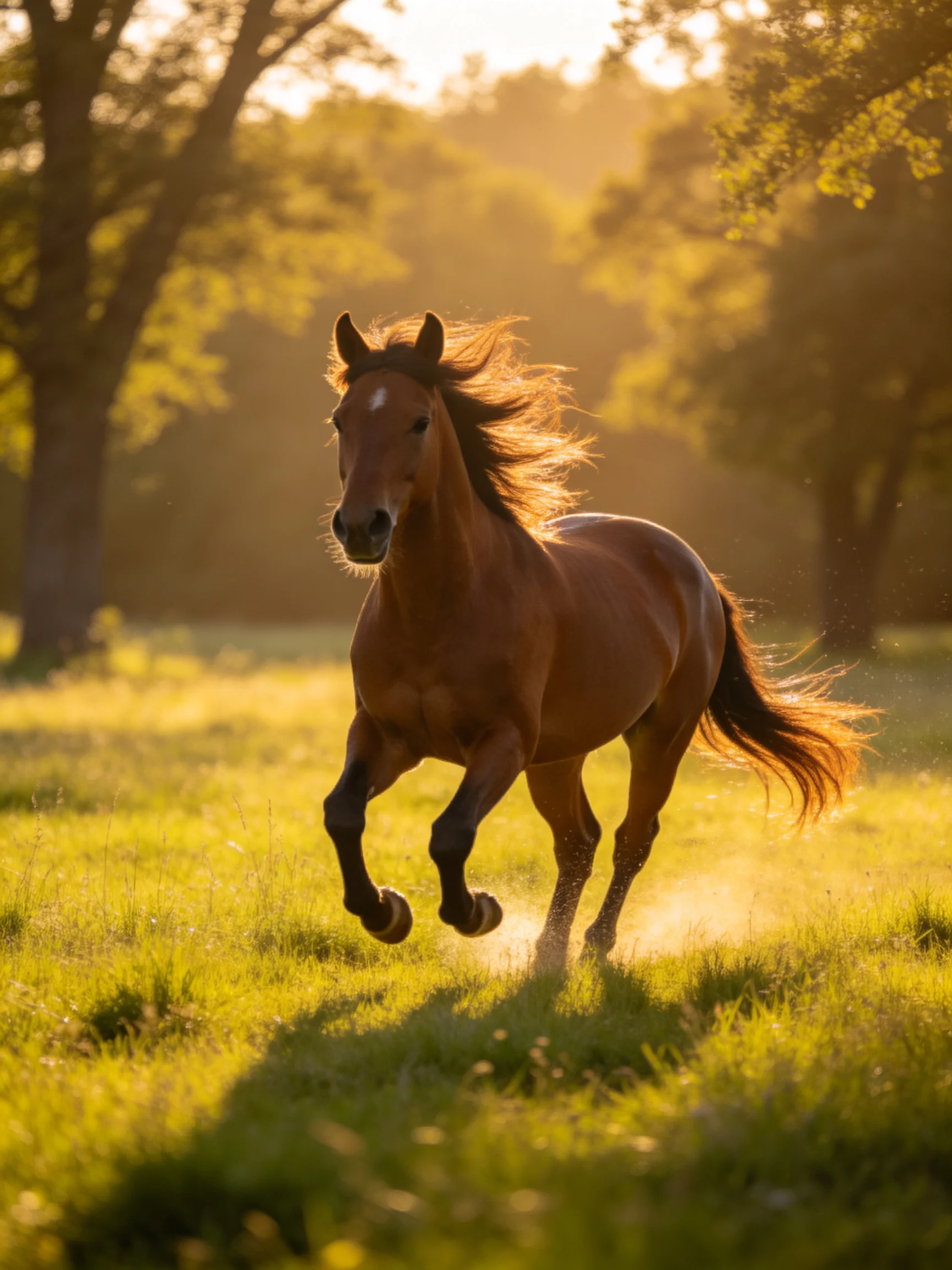 A chestnut horse galloping through a sunlit green meadow