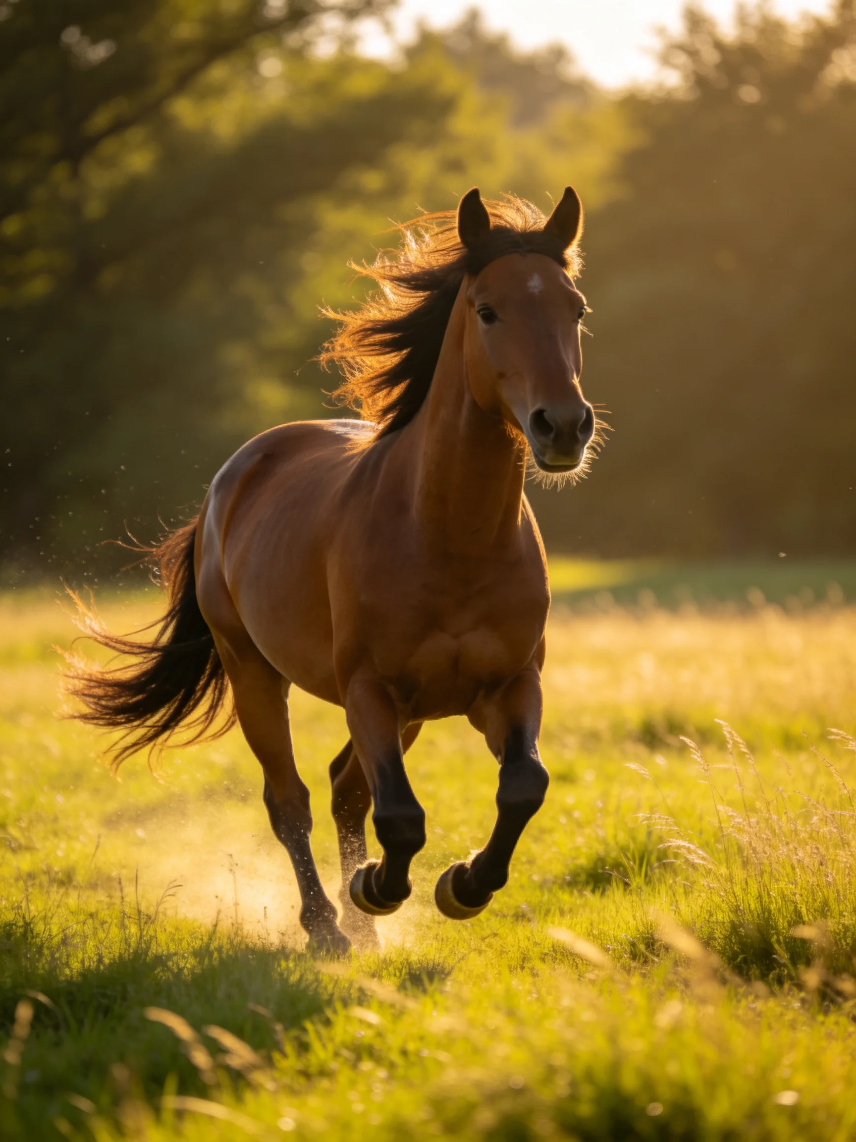 A chestnut horse galloping through a sunlit green meadow