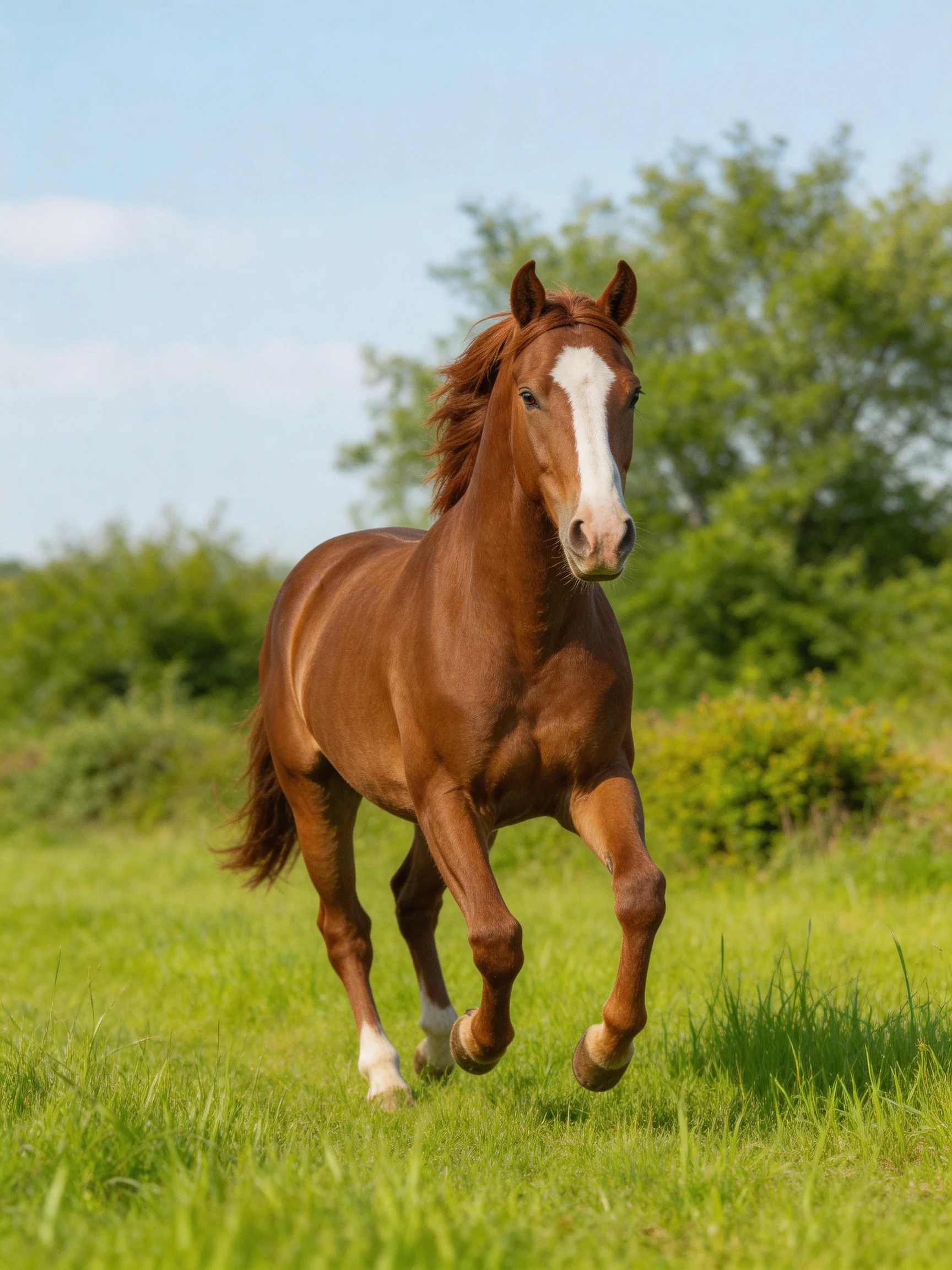 A chestnut horse galloping through a sunlit green meadow