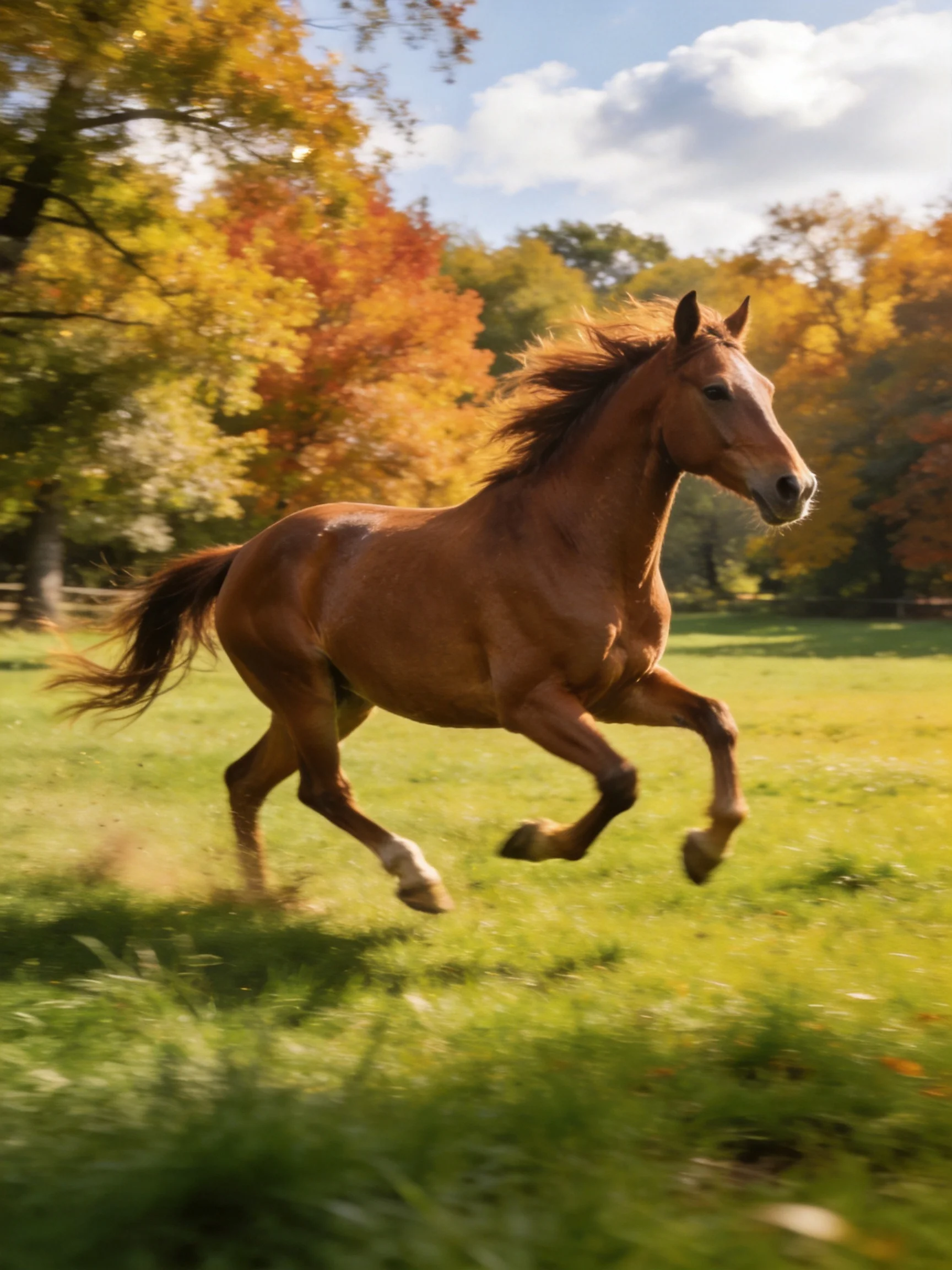 A chestnut horse galloping through a sunlit green meadow with autumn trees