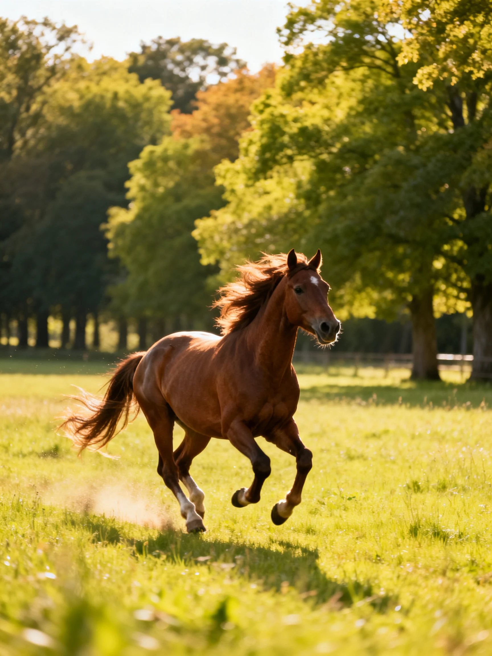 A chestnut horse galloping through a sunlit green meadow