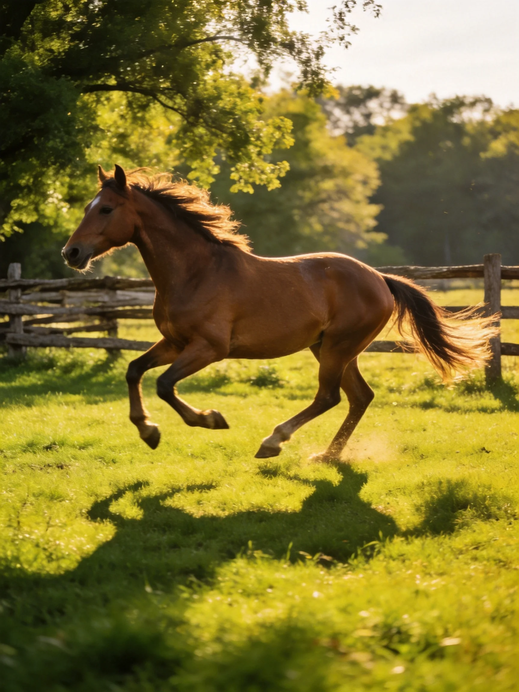 A chestnut horse galloping through a sunlit green pasture