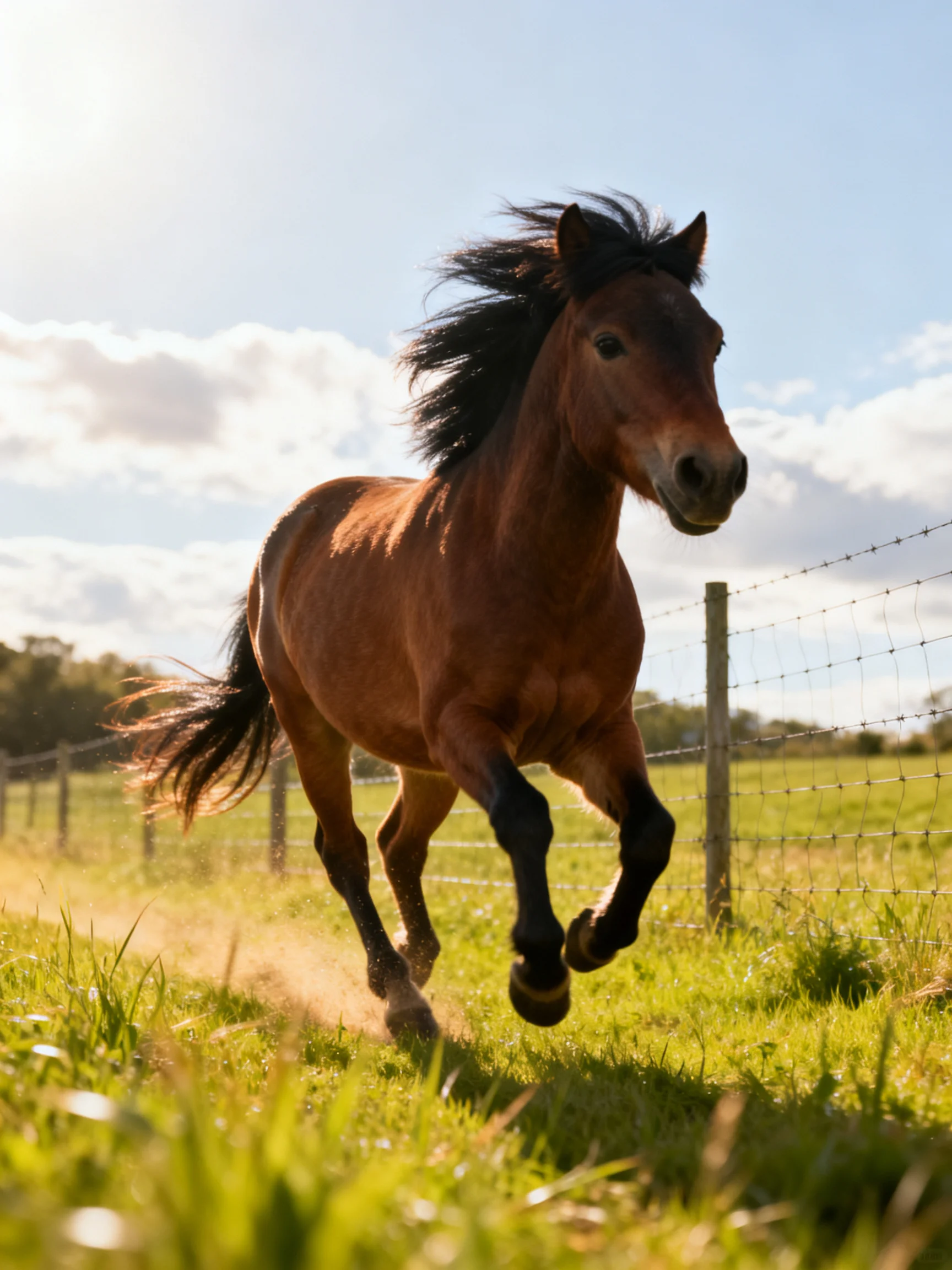 A chestnut horse galloping through a sunlit green pasture