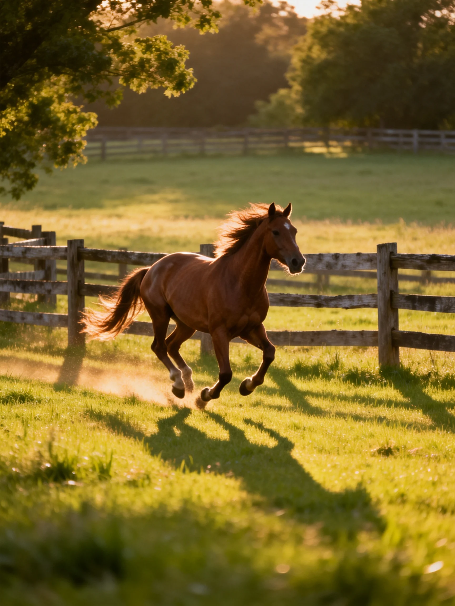 A chestnut horse galloping through a sunlit green pasture