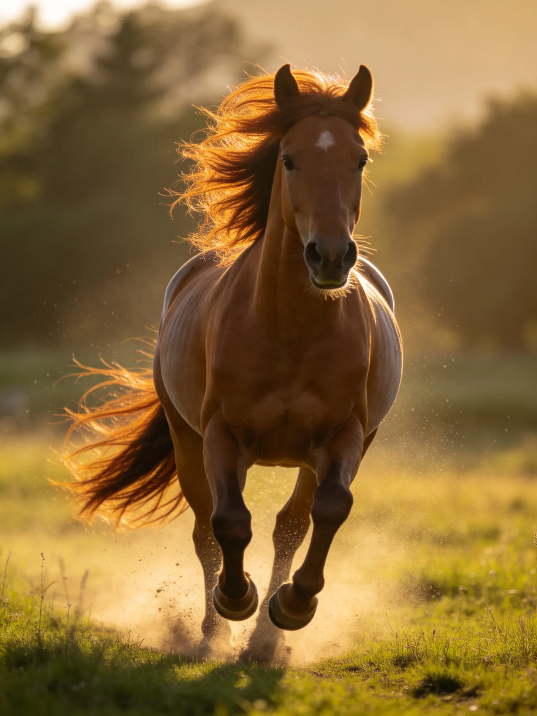 A chestnut horse galloping through a sunlit meadow