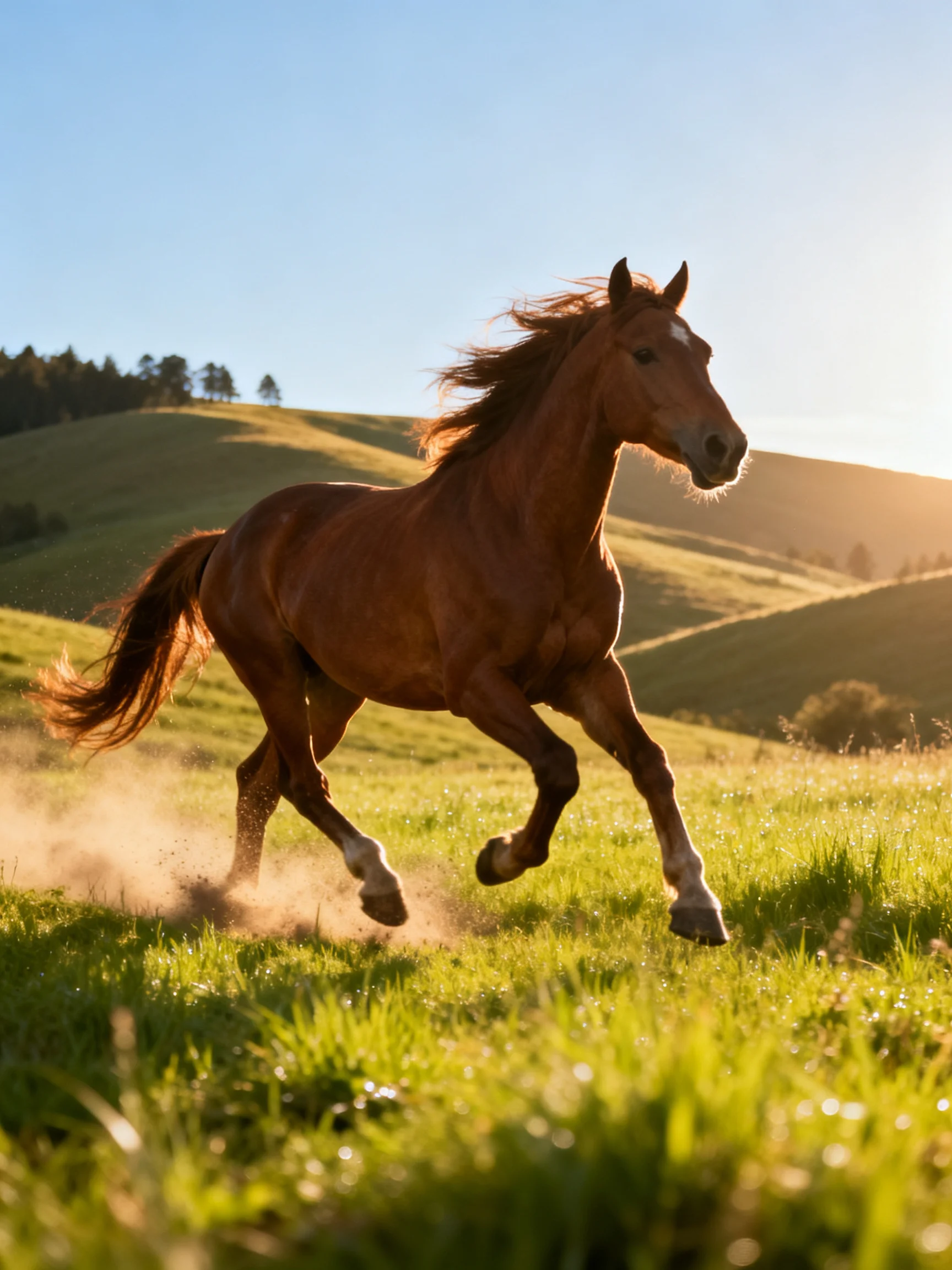 A chestnut horse galloping through a sunlit meadow