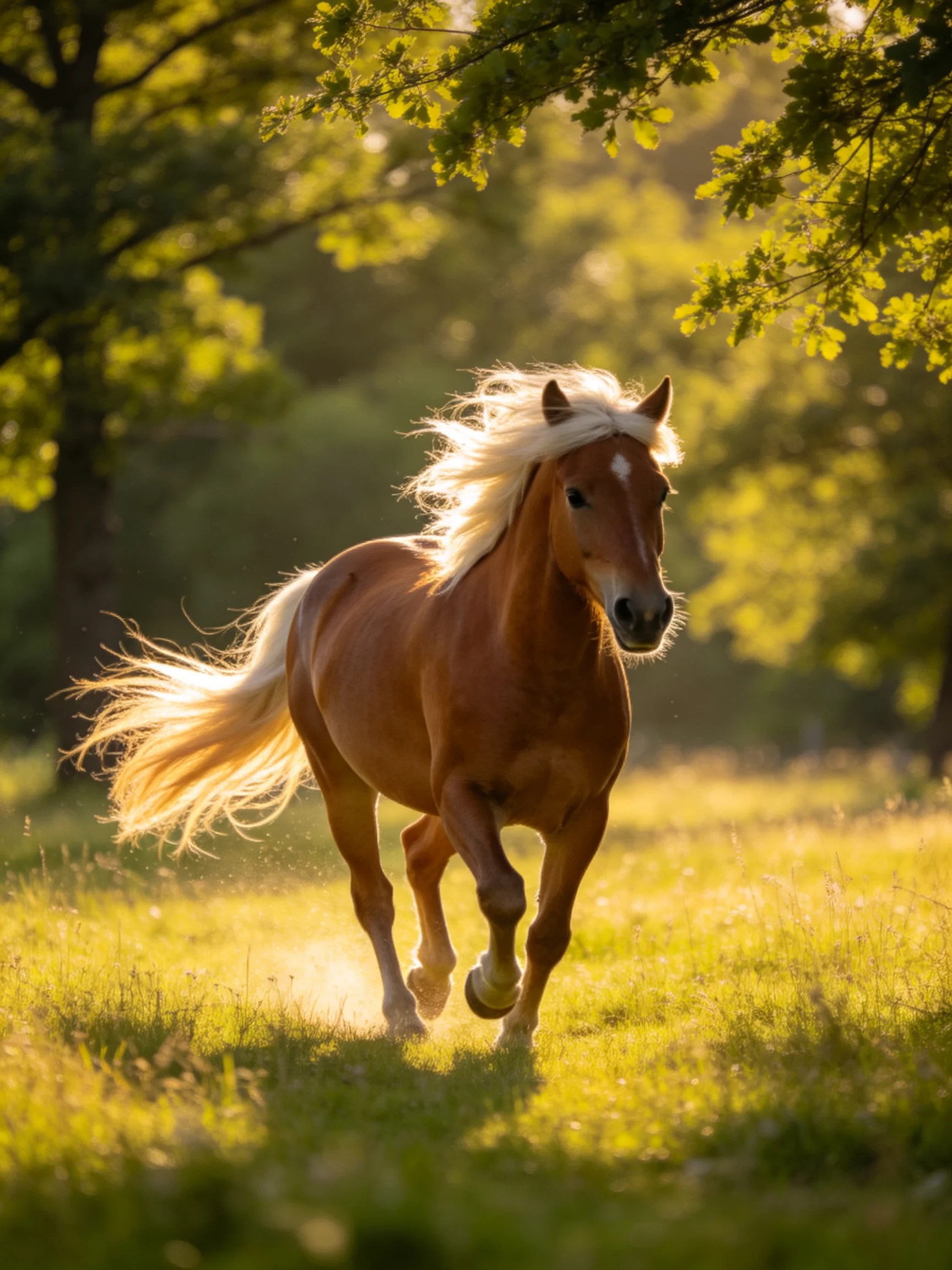 A chestnut horse galloping through a sunlit meadow