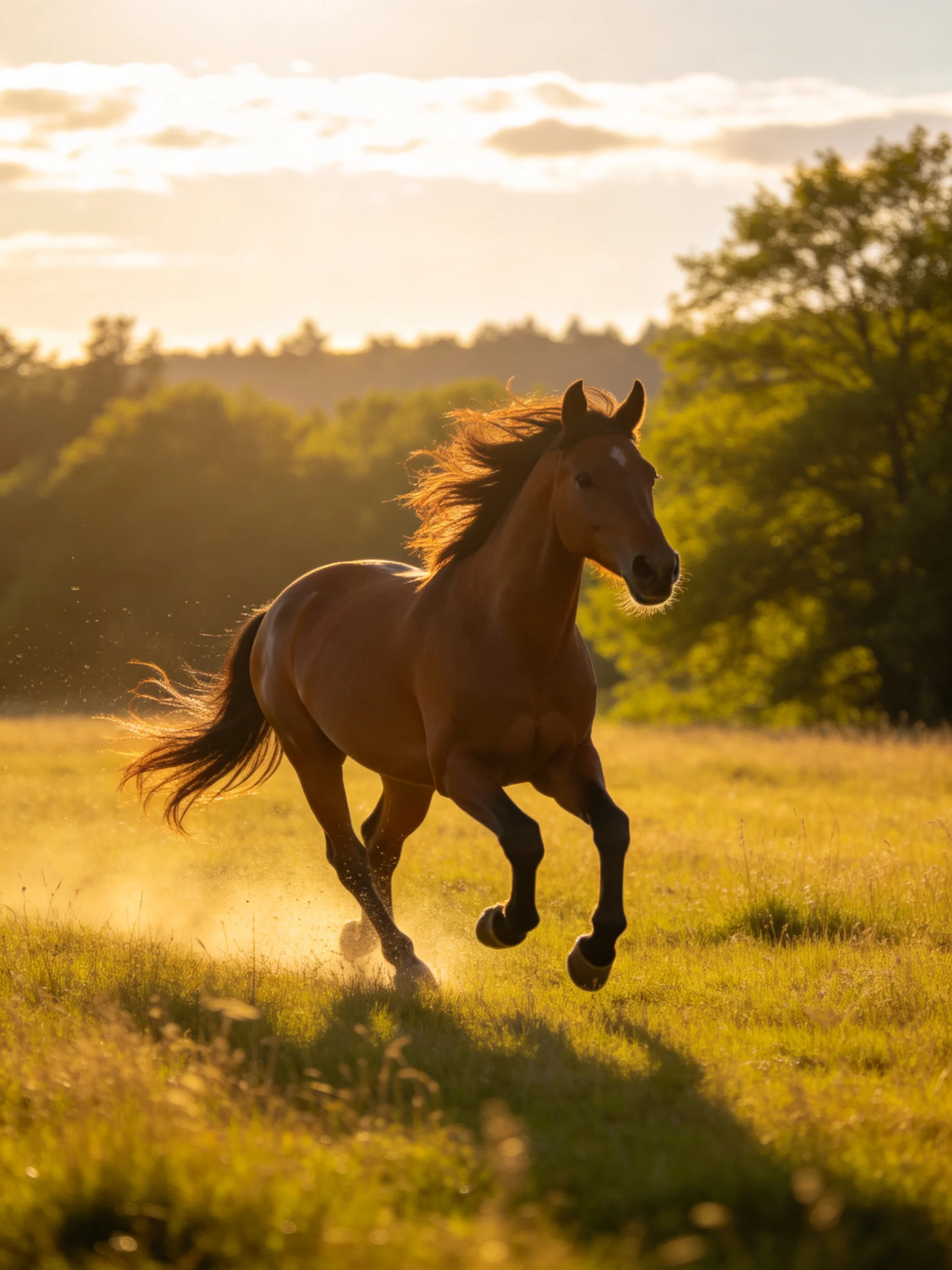 A chestnut horse galloping through a sunlit meadow