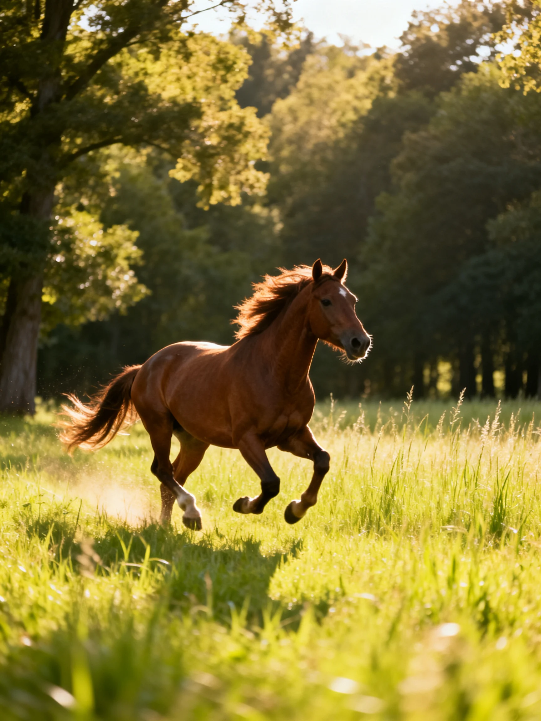 A chestnut horse galloping through a sunlit meadow