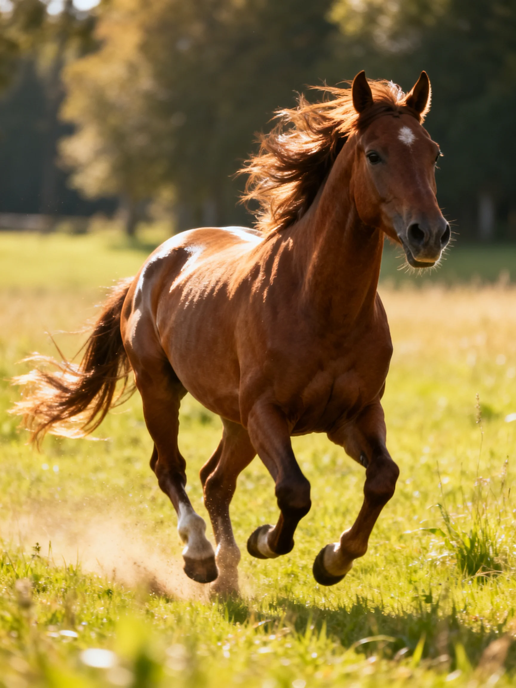 A chestnut horse galloping through a sunlit meadow