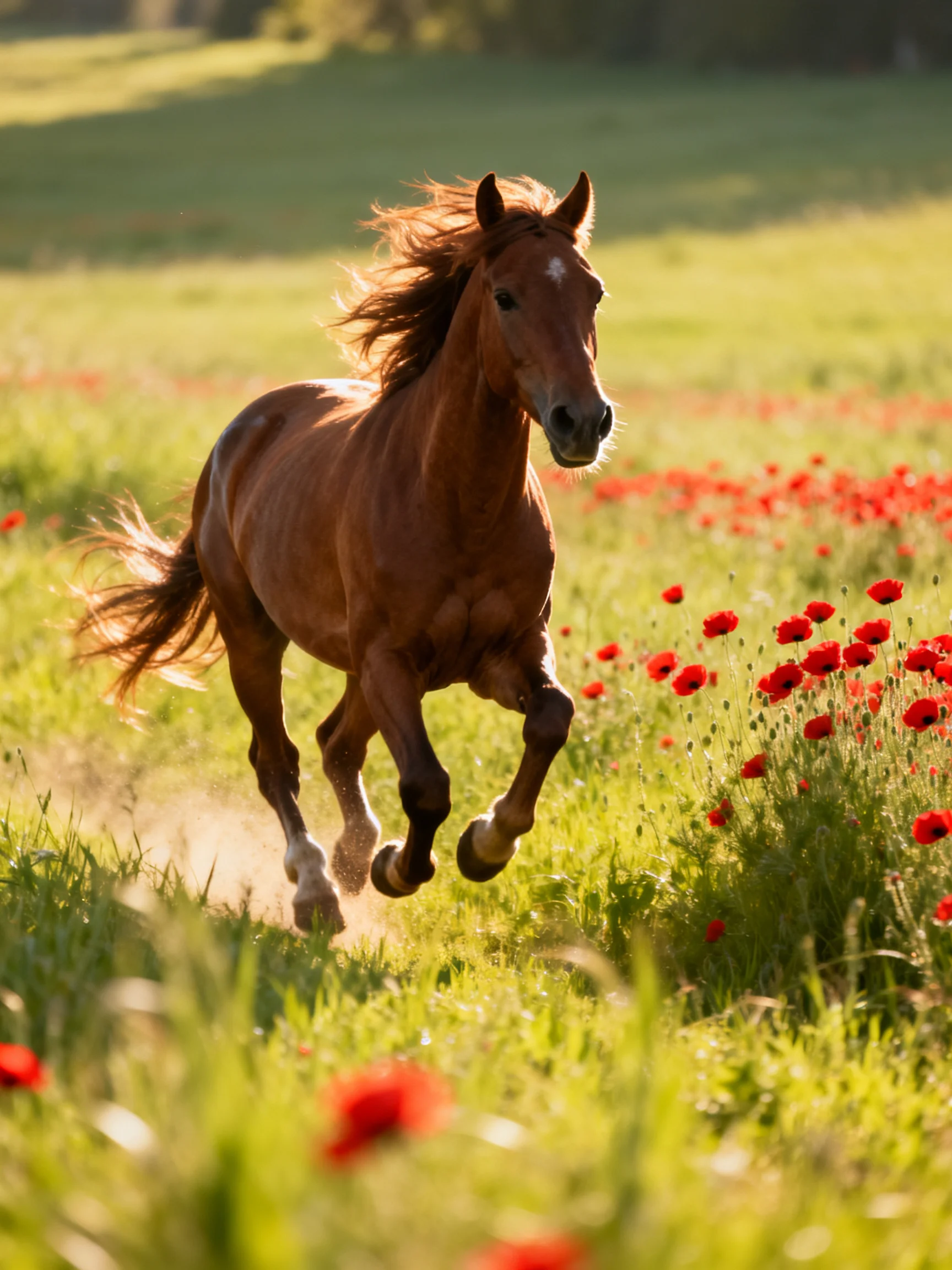 A chestnut horse galloping through a sunlit meadow with red poppies