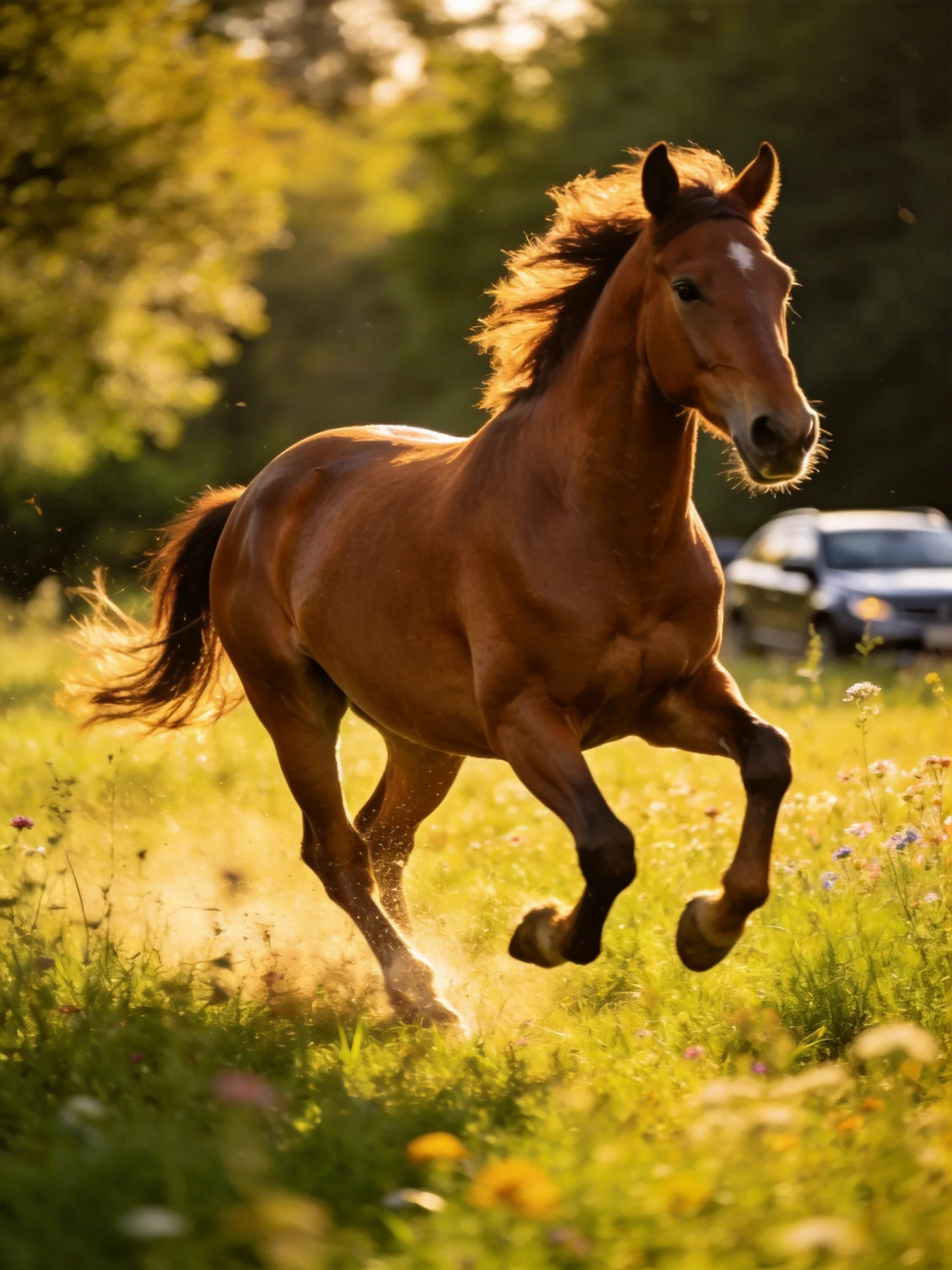 A chestnut horse galloping through a sunlit meadow with wildflowers