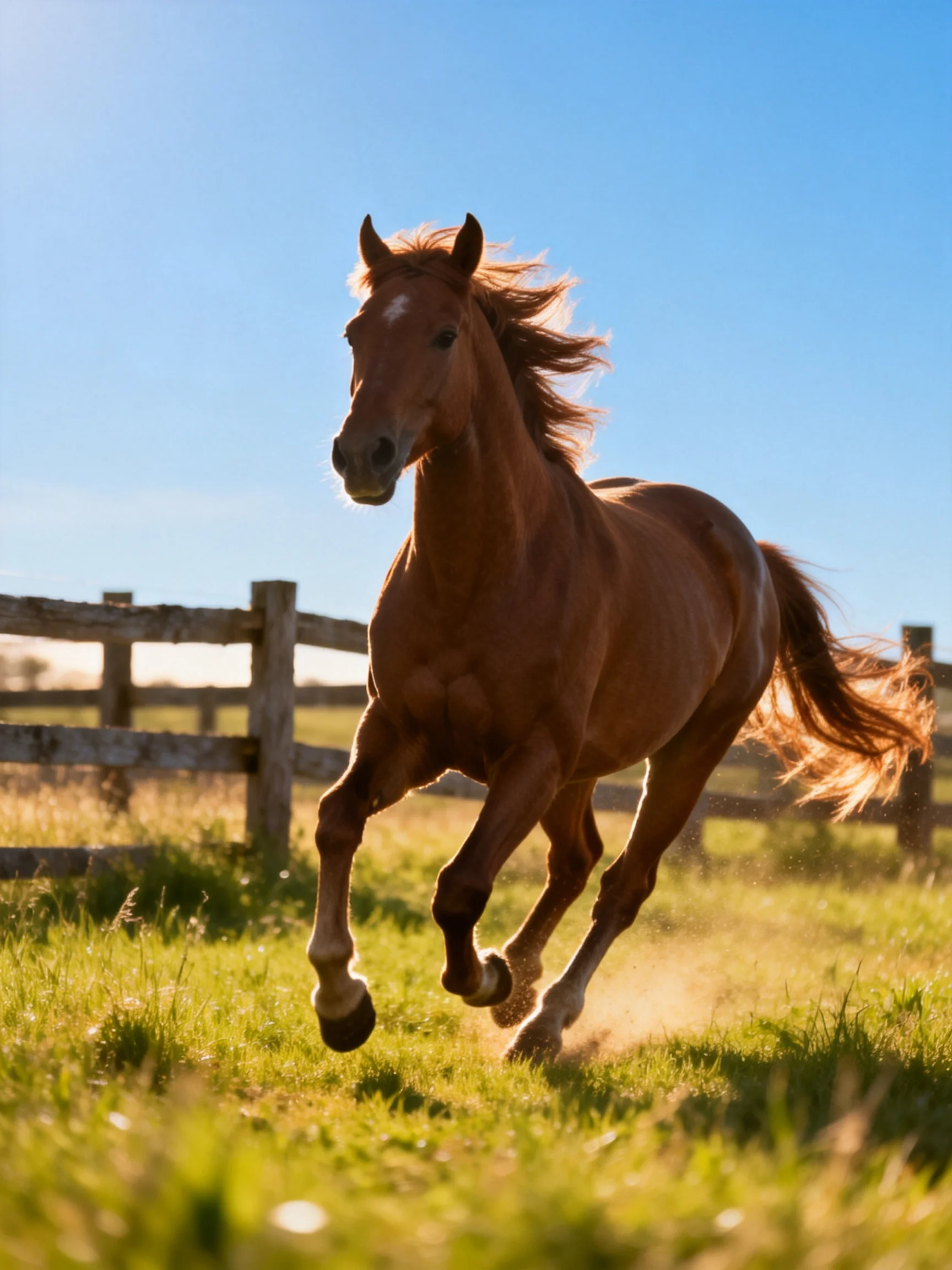 A chestnut horse galloping through a sunlit pasture near a wooden fence