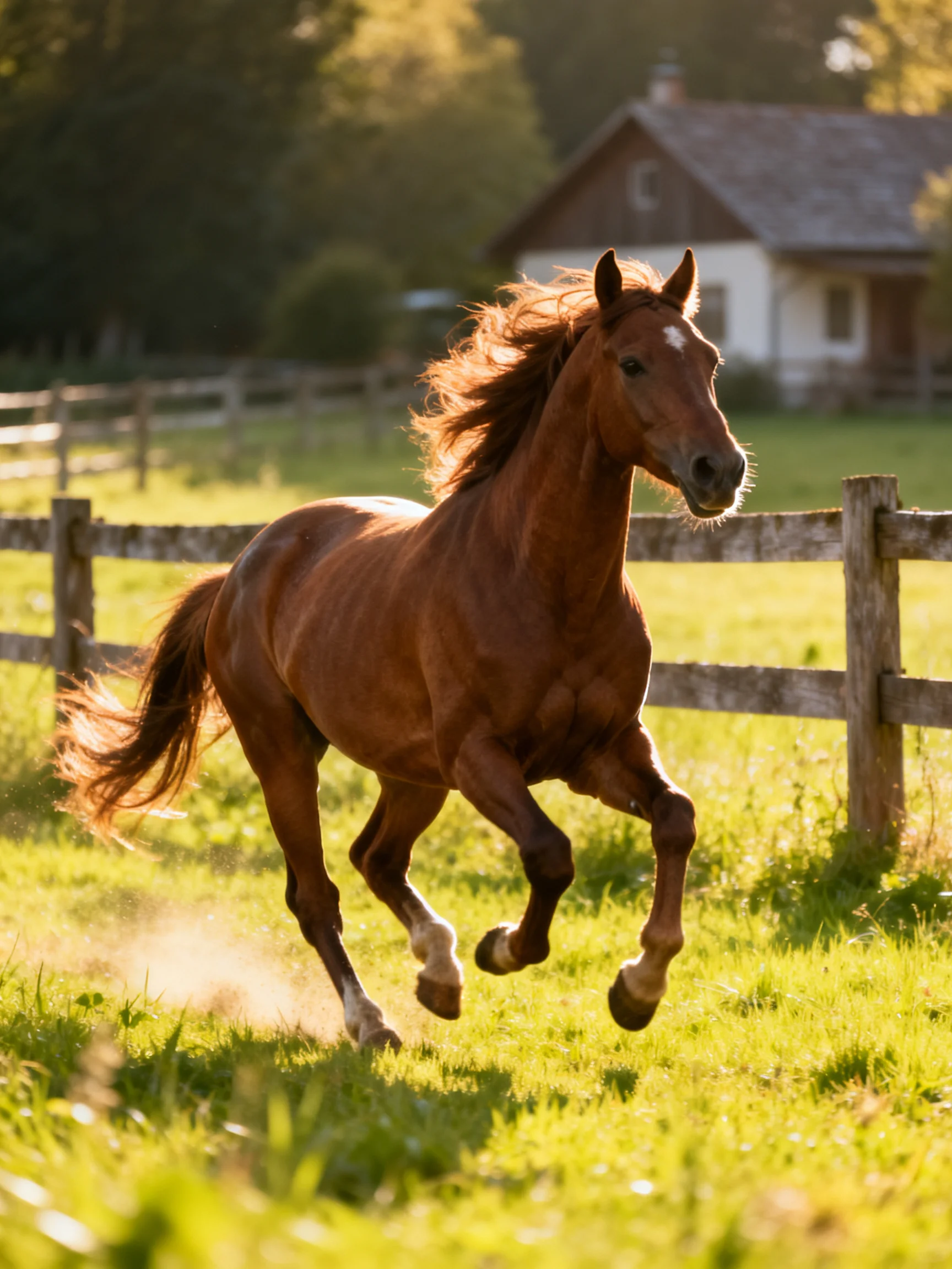 A chestnut horse galloping through a sunlit pasture