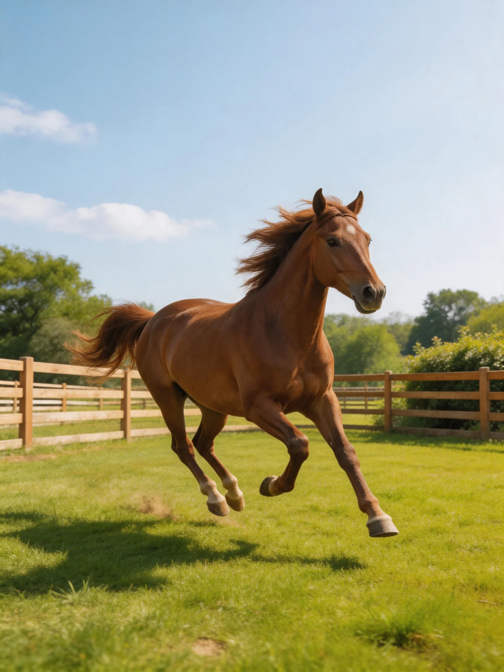 A chestnut horse galloping through a sunny fenced pasture